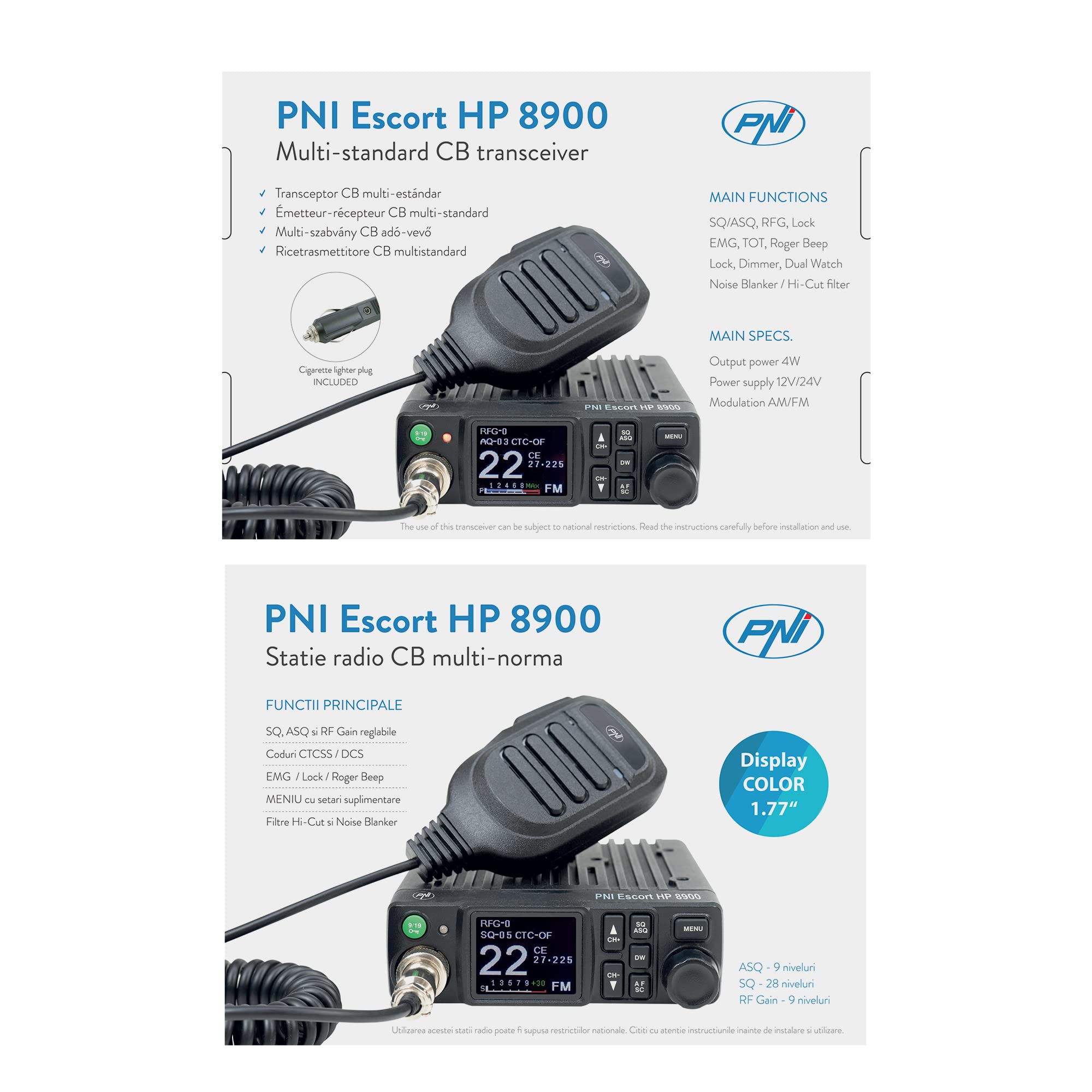 Radio CB PNI Escort HP 8900 ASQ, Antenne 12-24V + CB PNI ML100 avec Base magnétique, Alimentation 12V/24V, Gain RF, Roger Beep, CTCSS-DCS, Dual Watch