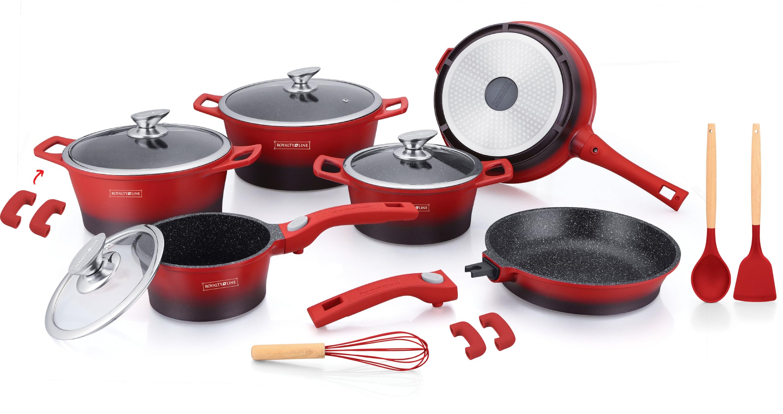 ROYALTY LINE, 17-teiliges Set, Kochgeschirr aus Aluminiumguss, marmorierte Beschichtung, mit abnehmbaren Silikongriffen, kompatibel mit allen Wärmequellen, 24–28 cm, Rot