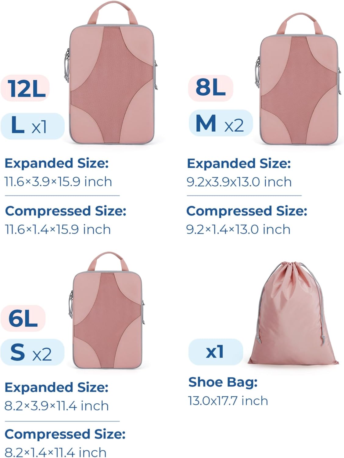 BAGSMART Compression Packing Cubes for Travel, Compressible Luggage Organizer for Cruise Ship, Lightweight Travel Essentials 6-Pack 1L+2M+2S+1Shoe Bag - Image 2