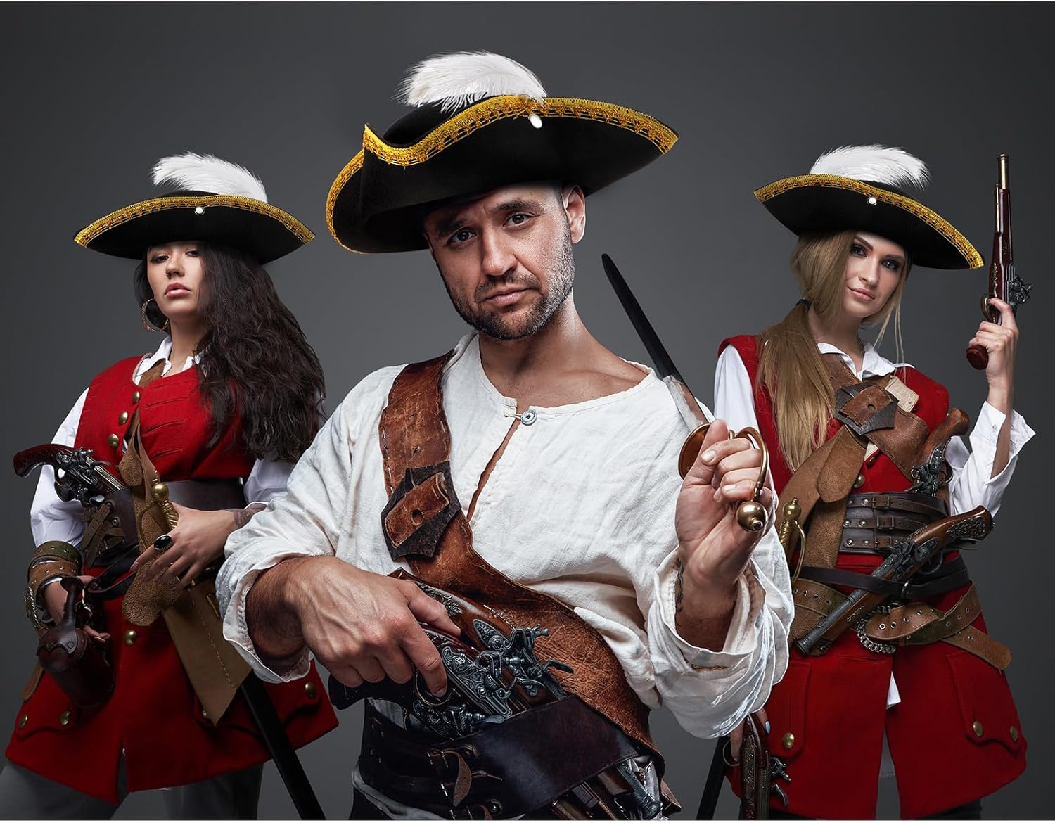 Liitrsh 2 Pcs Tricorn Pirate Hat with Feather, Buccaneer Colonial Hat for Adults Renaissance Costume for Halloween Party - Image 6