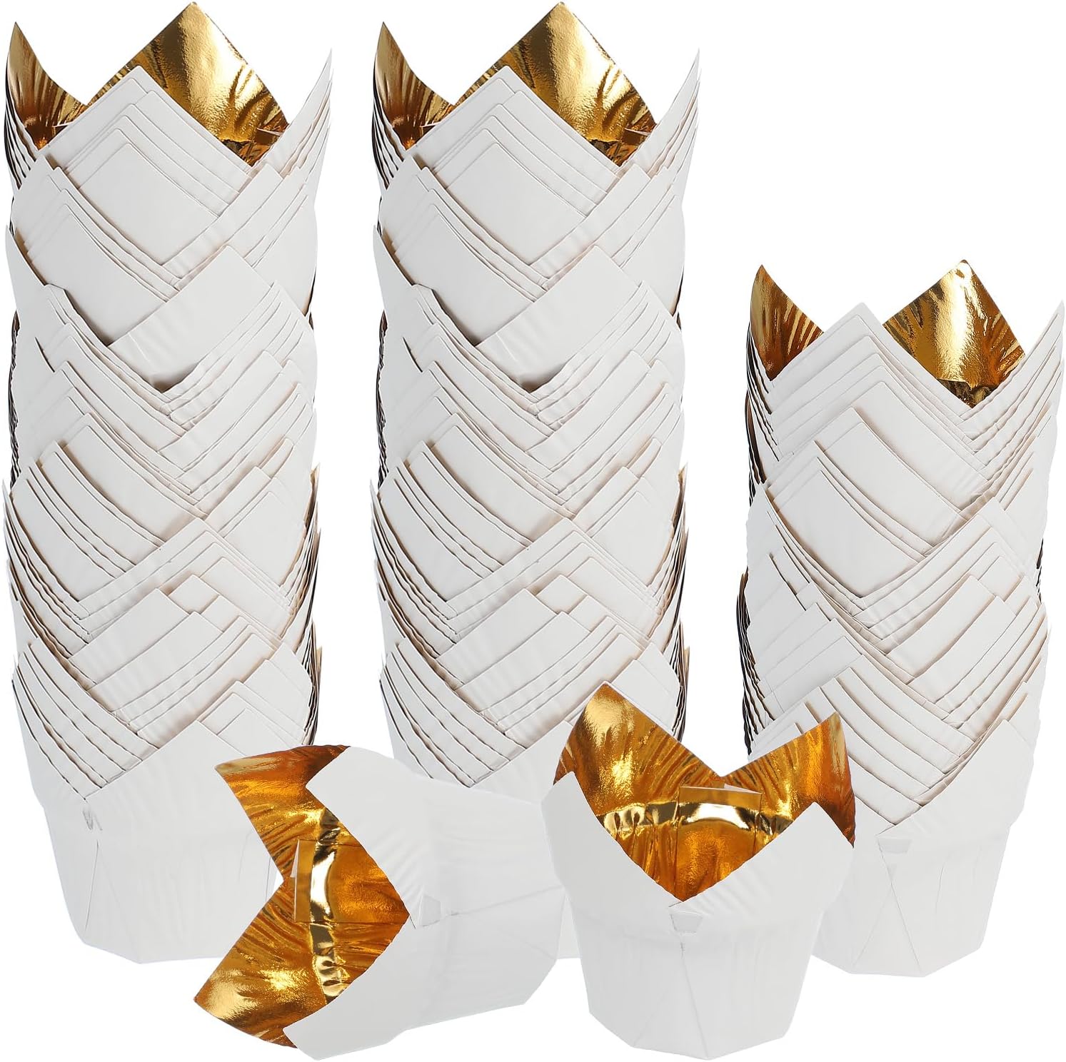 uxcell 100 Pcs Tulip Baking Cups Cupcake Muffins Liners Aluminum Foil Paper Greaseproof Wrappers for Weddings Birthday Party Festivals Christmas, Gold/White
