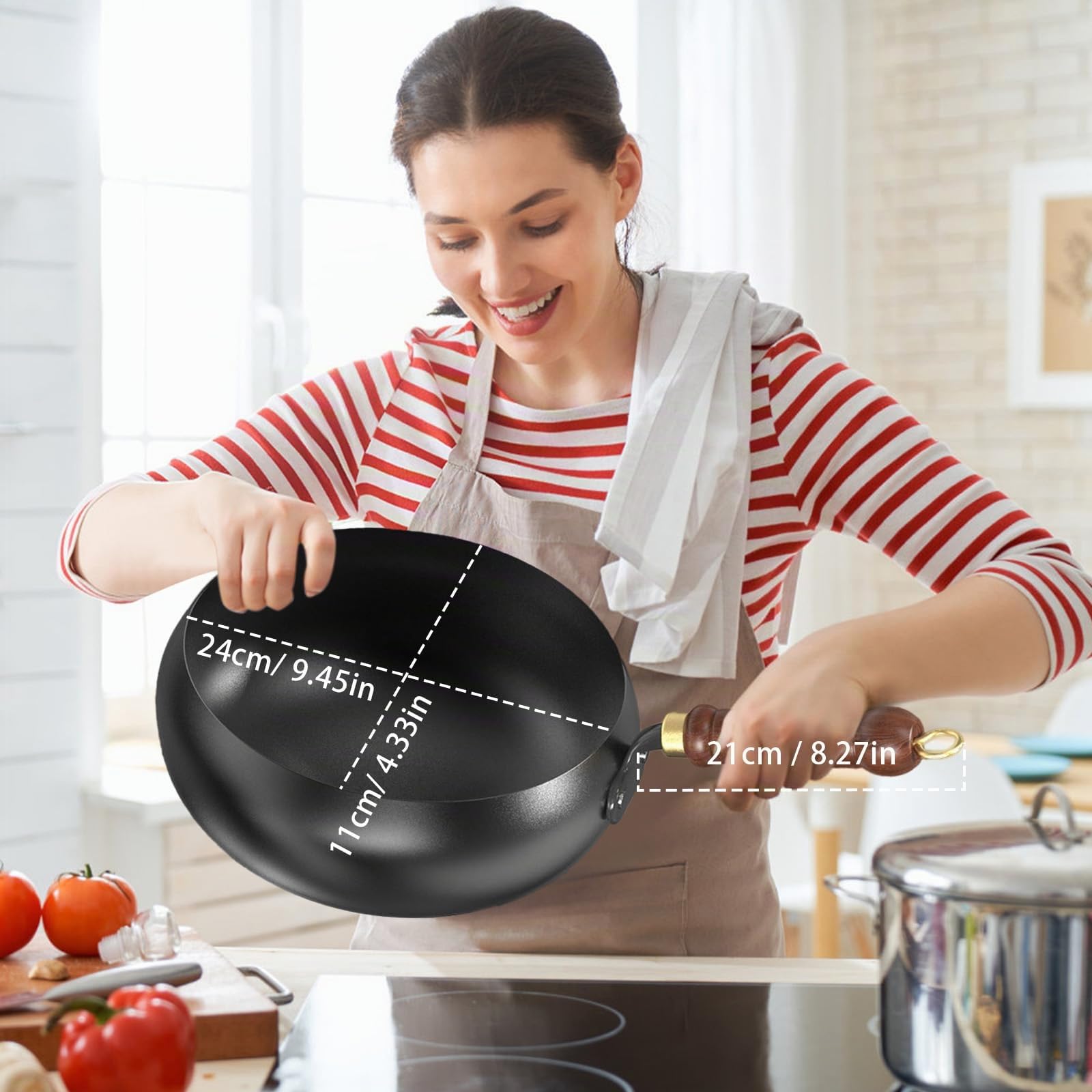 Padella Giapponese in Ferro Forgiato a Mano 24cm, Ferro Puro, Senza Rivestimento & Antiaderente Naturale, con Coperchio in Legno e Spatola, Adatta per Induzione, Gas ed Elettrico