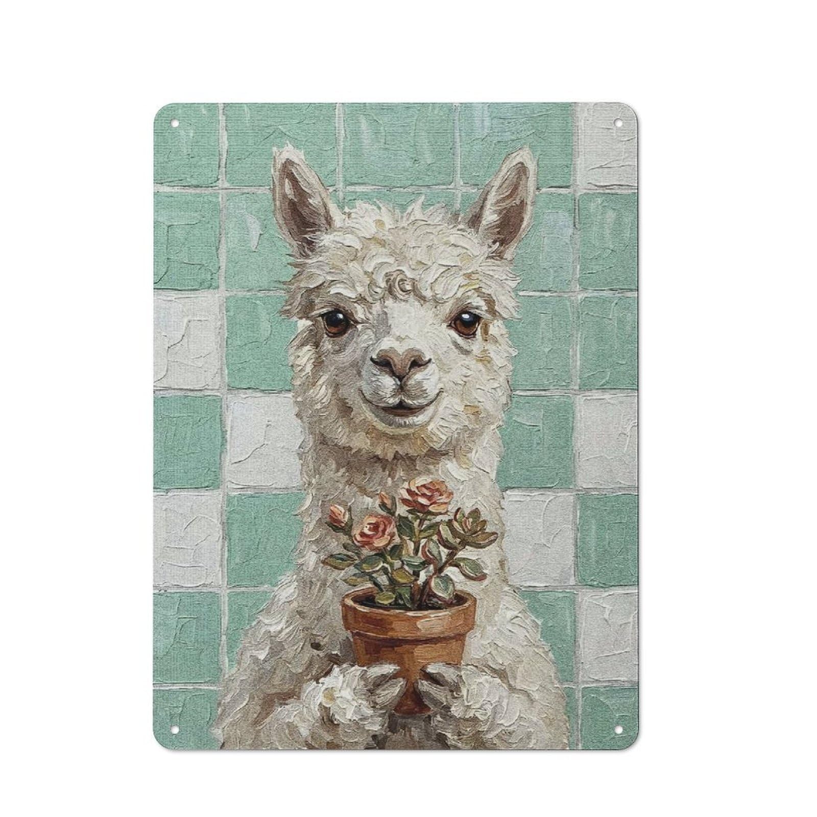 Junmoney Style-1 40X30cm Rustic Tin Sign With Llama With Flowers Painting For Home Office Or Studio, For Metal Sign Collectors, For Garage And Workshop Walls