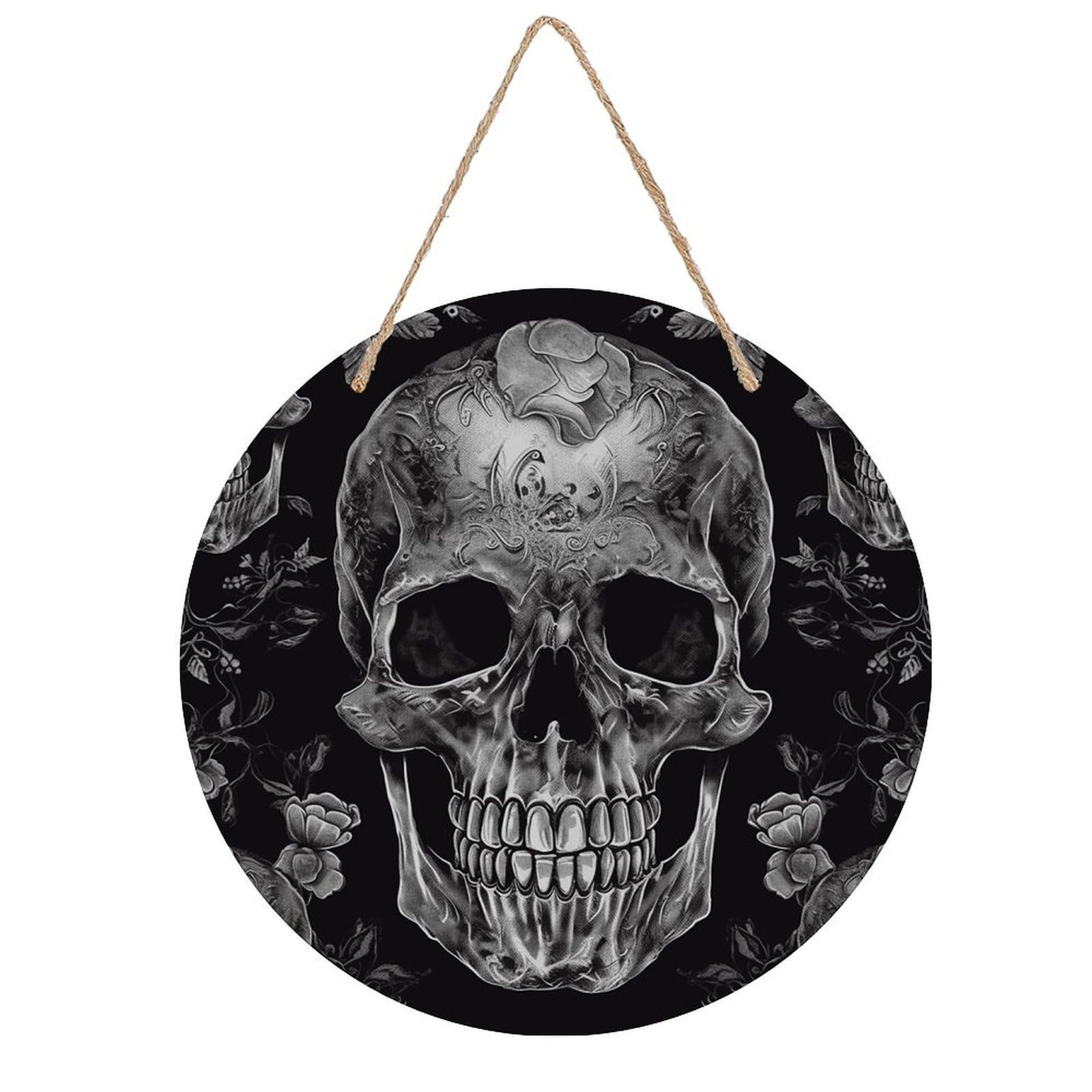 VstaDank Skull Skeleton Wall Decor Round Wood Hanging Sign 7.9x7.9 in Wooden Circle Door Hanger with Ropes, Rustic Wall Art Decor for Home Front Door Indoor Outdoor Decoration
