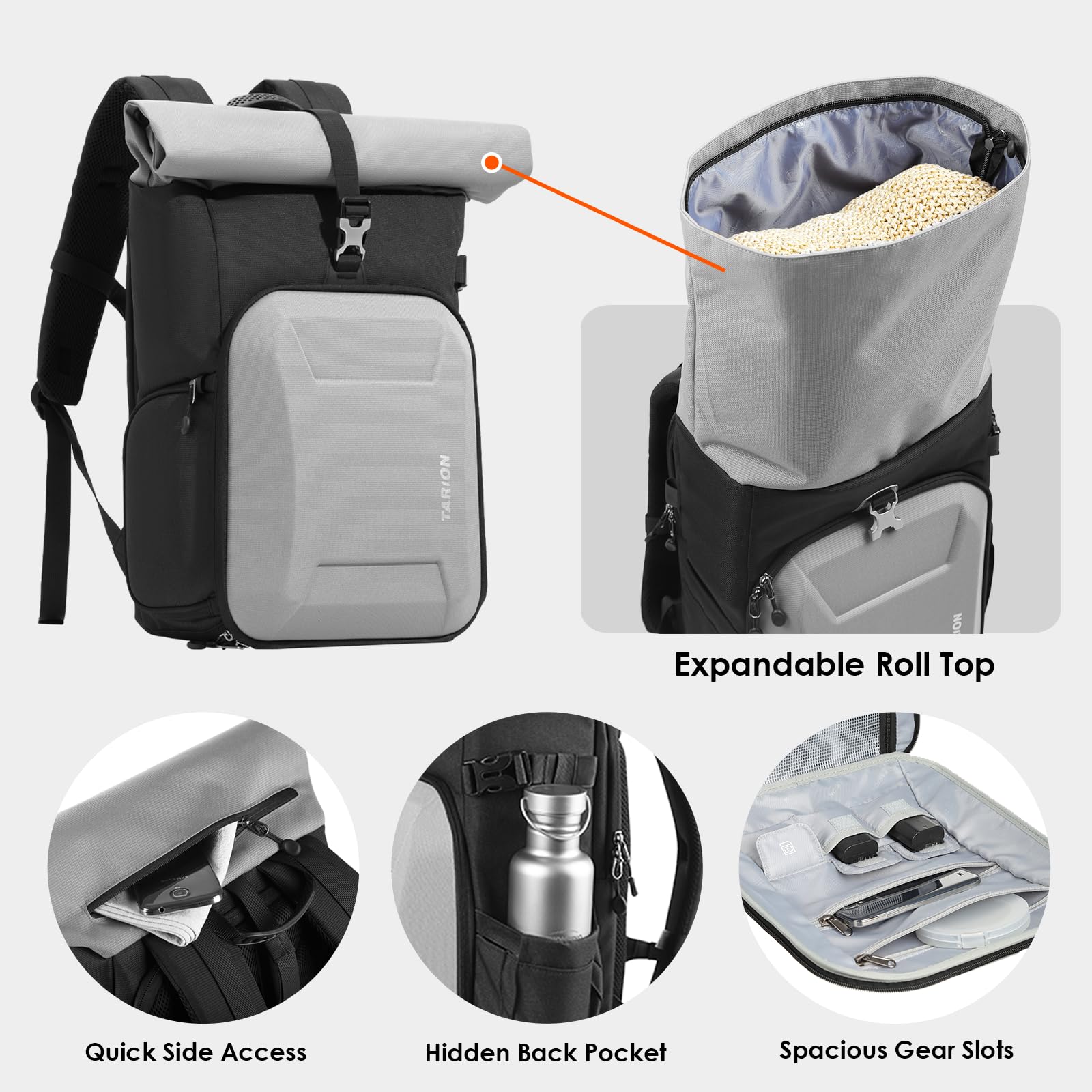 TARION Rolltop Mochila Cámara con Hardshell - Gran Bolsa Fotográfica con Funda Portátil 16 Pulgadas y Acceso Lateral Rápido - Mochila Fotografía DSLR con Cubierta Impermeable Soporte Trípode Gris XH
