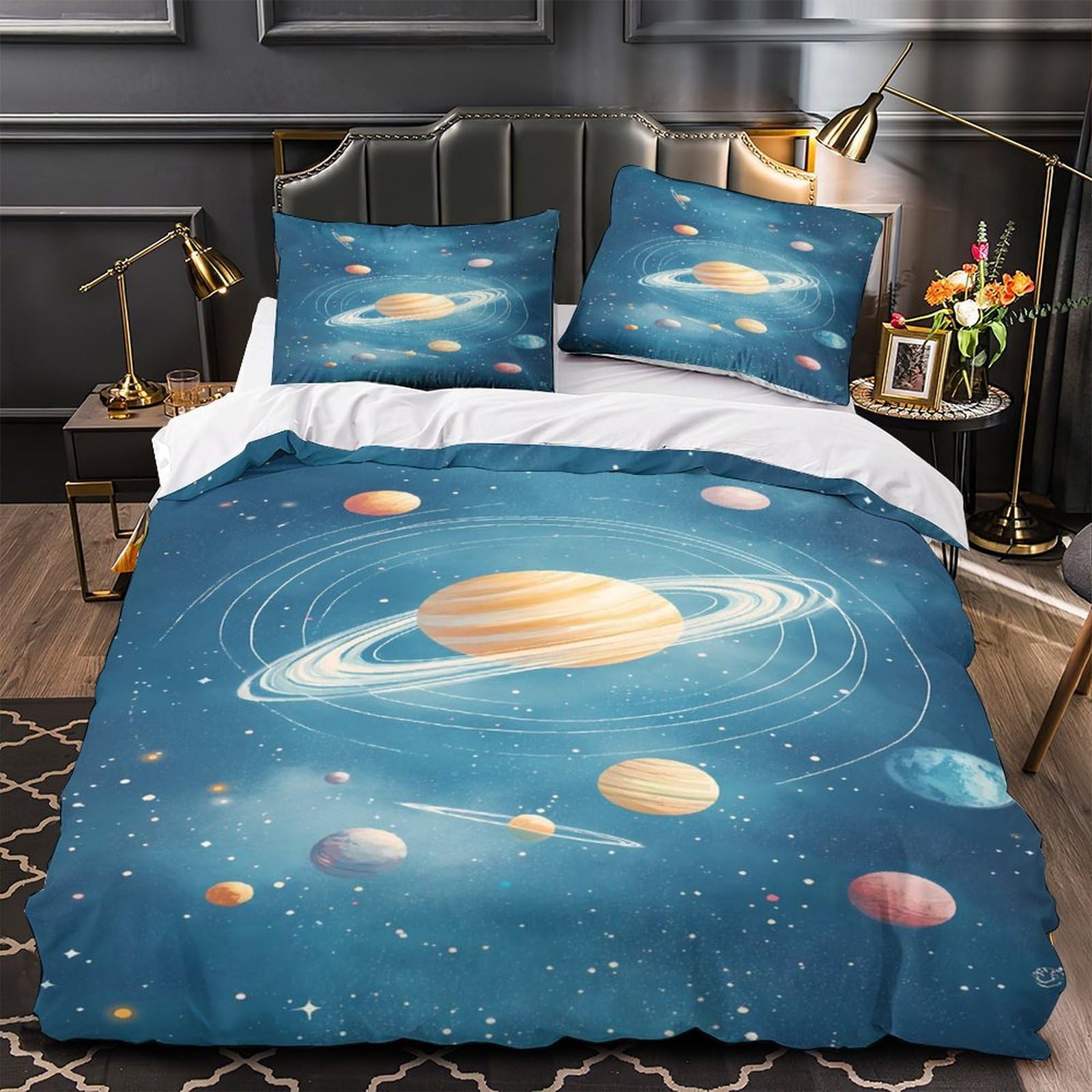 Housse de couette Système Solaire 3D King 220x240 anti-tache en microfibre pour chambre d'enfant