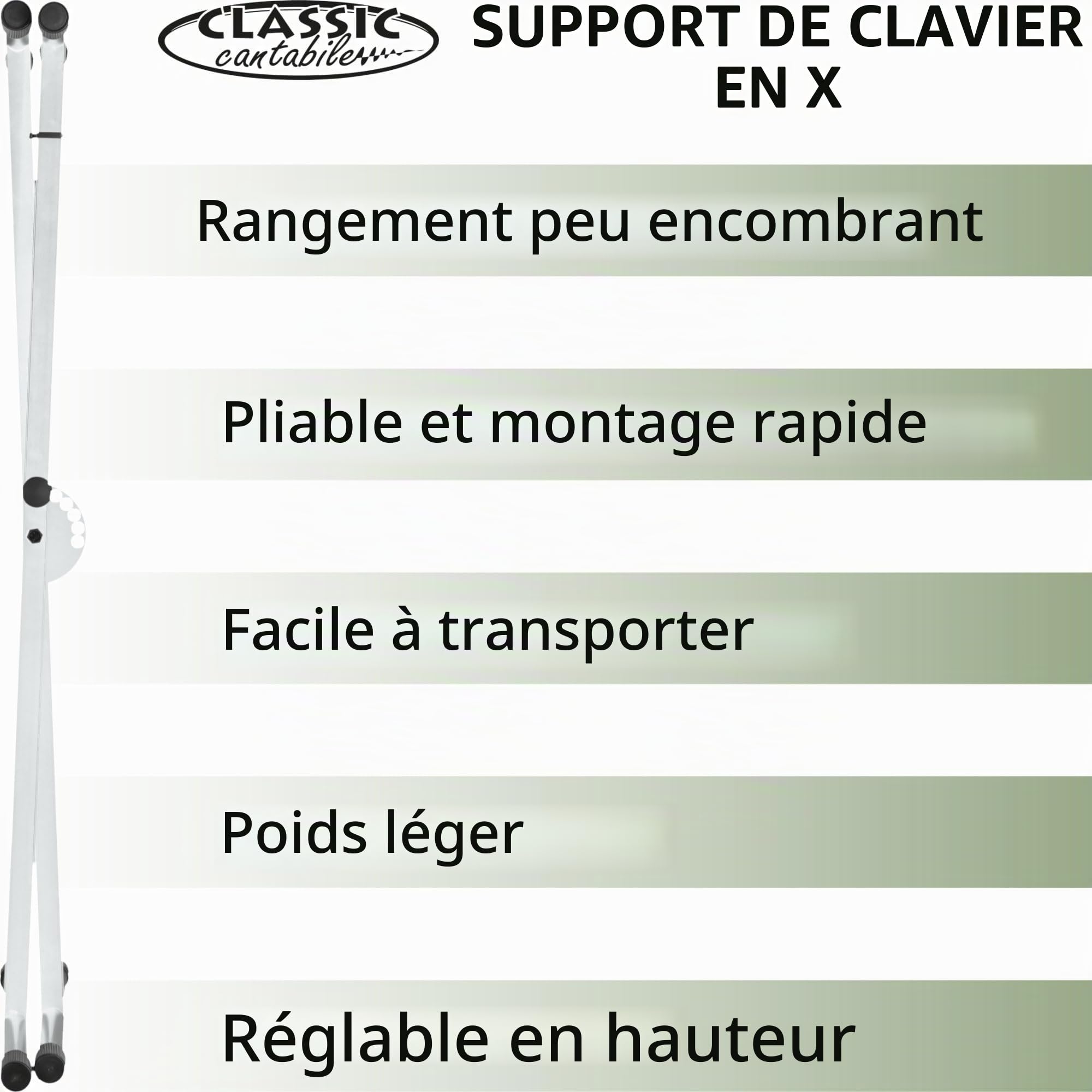 Classic Cantabile Support Clavier X Réglable En Hauteur Blanc, 5 cm | Réglable en hauteur sur 5 positions, Fermeture rapide fiable, Revêtement en poudre blanc, Réglage en hauteur de 62 à 100 cm