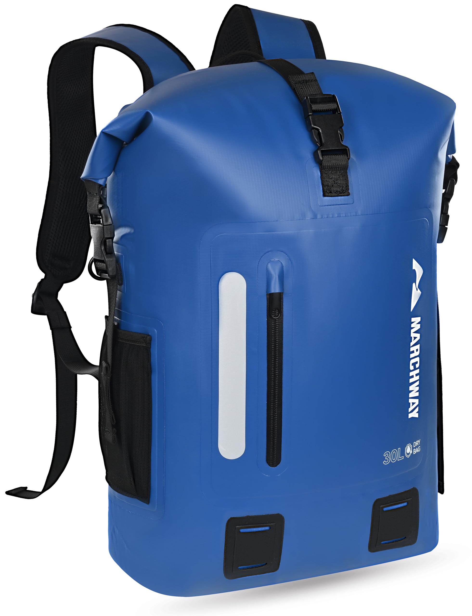 MARCHWAY Roll Top Waterproof Backpack, Floating Dry Bag 20L/30L/45L with Ergonomic Rectangular Base, Cushioned Back, Hip Strap, Gear Loops, MOLLE for Hiking Camping Kayaking Travel (Blue, 45L)