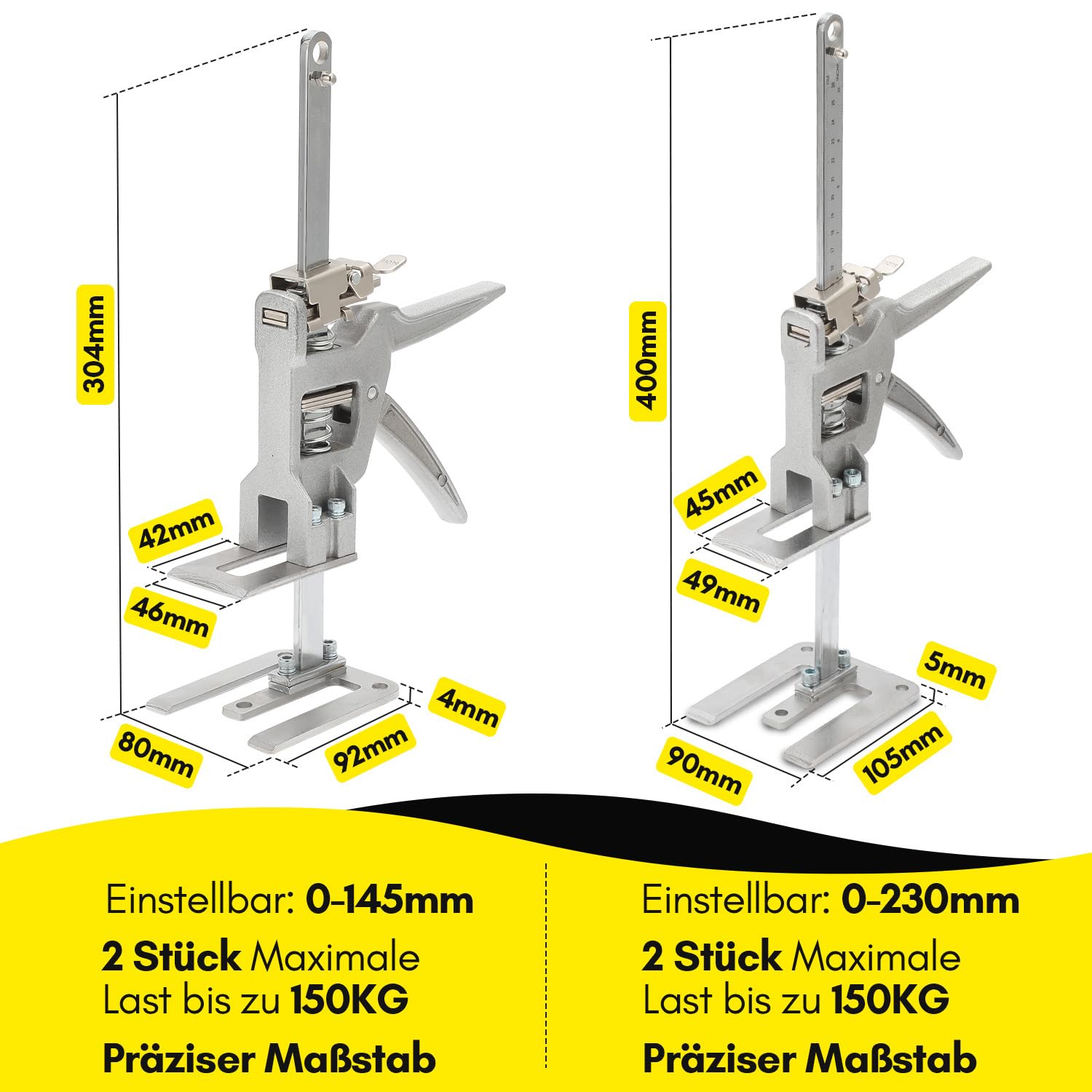 Set di 2 sollevatori per mobili, sollevatori regolabili in altezza, per piastrelle, cartongesso e mobili, per risparmiare lavoro con portata di 150 kg, altezza massima di sollevamento 145 mm