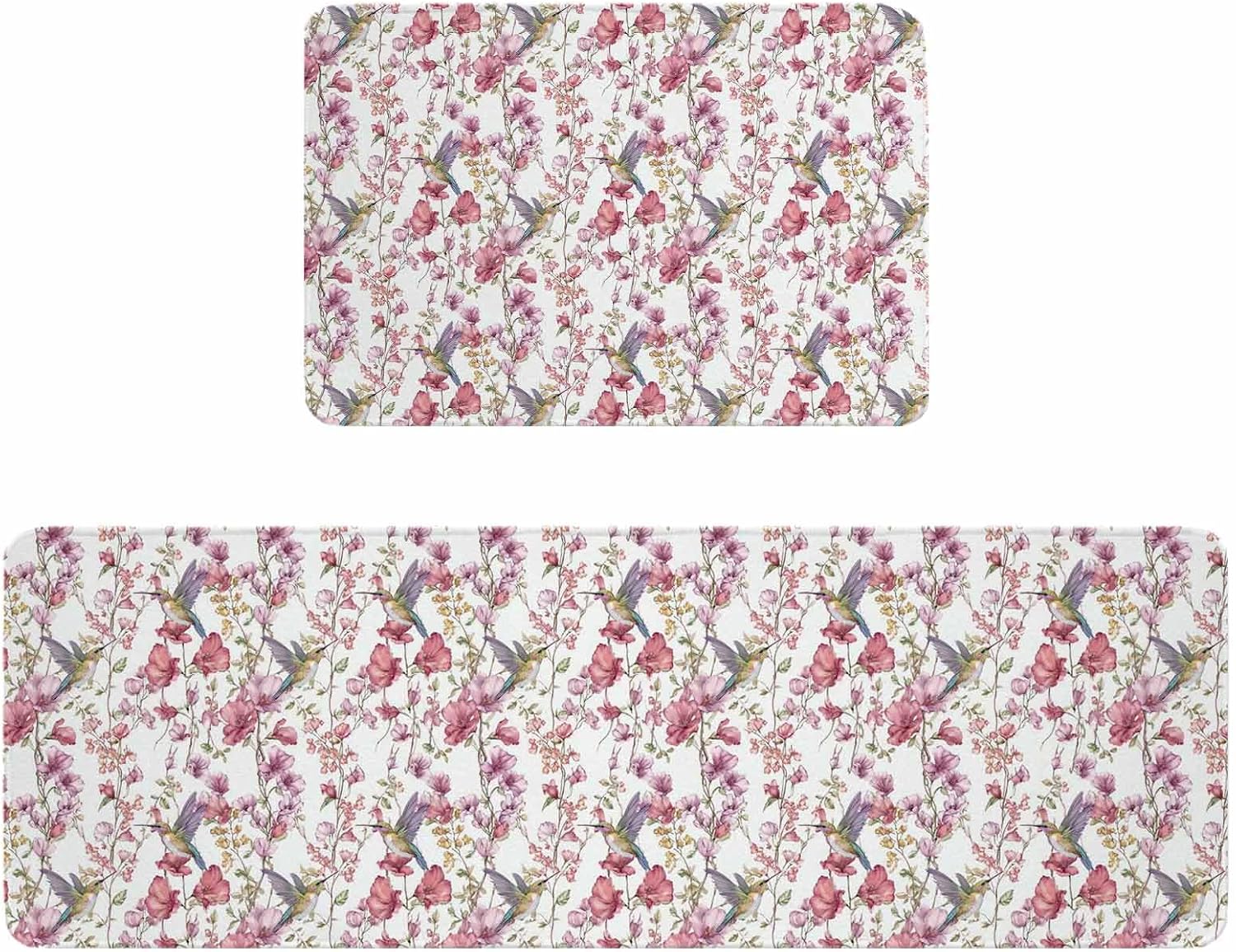 Pink Beige Flowers Kitchen Rugs and Mats Set of 2, Non-Slip Kitchen Sink Mat, Spring Floral Elegant Pastoral Botanical Washable Doormat Bathroom Rugs Runner for Bedroom 23.6"x35.4"+23.6"x70.9"