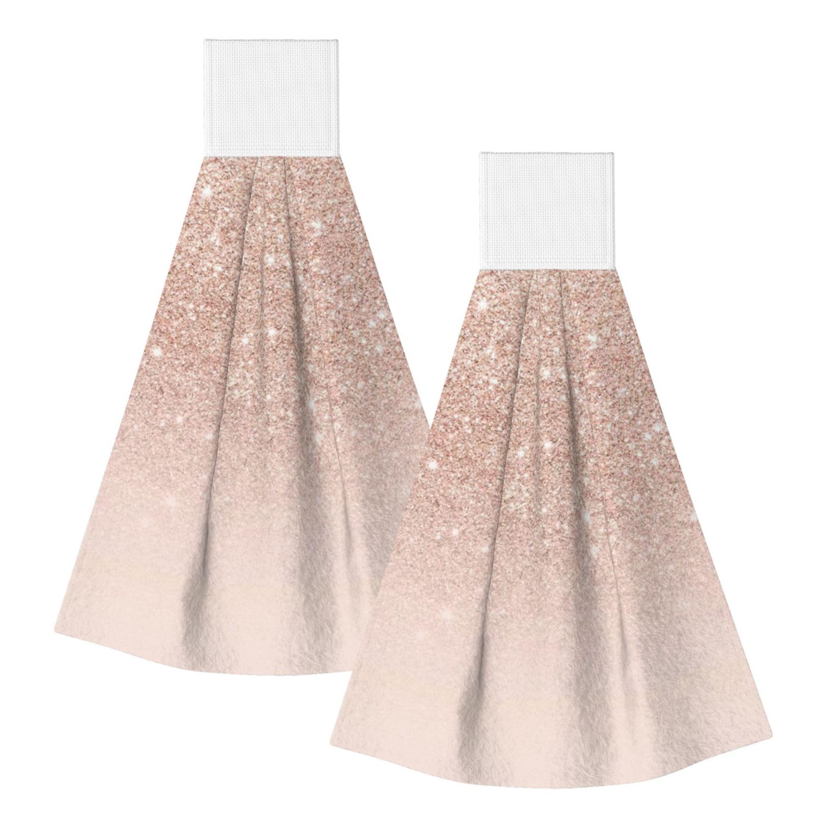 DOPKLNA Rose Gold Faux Glitter Pink Ombre Block, 2 Pcs Hanging Coral Fiber Hand Towels for Bathroom, Absorbent Kitchen Towels