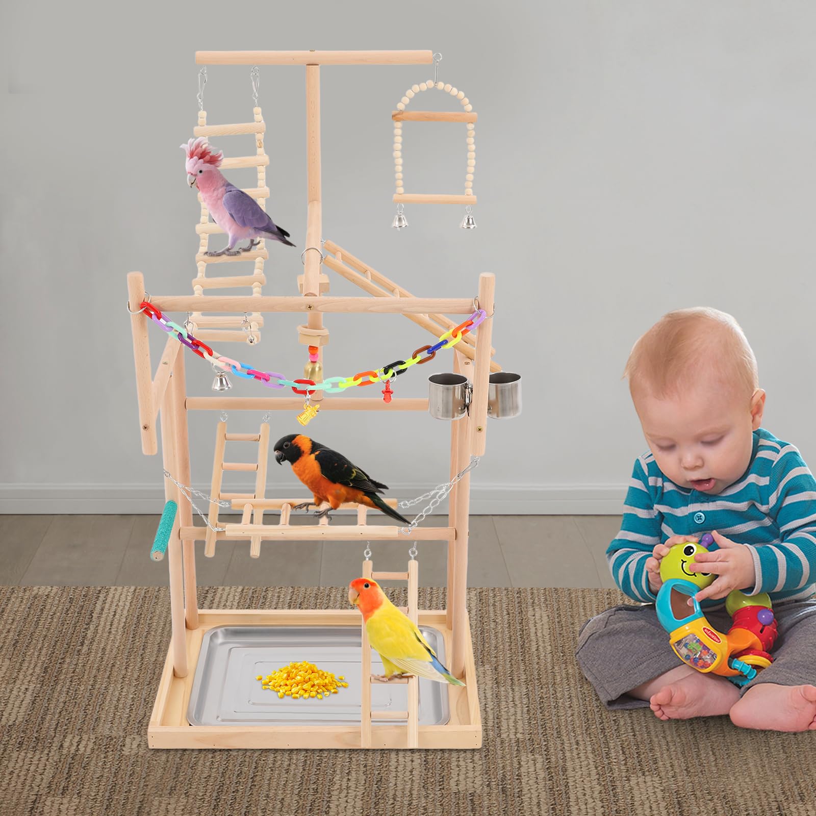 Papageien-Spielplatz aus Buchenholz mit Edelstahl-Futterbechern, Holzschaukel, Leiter, Bunte Kunststoffkette für Haustiere, Vogelspiele, 48*33.5*94.5 cm, XL