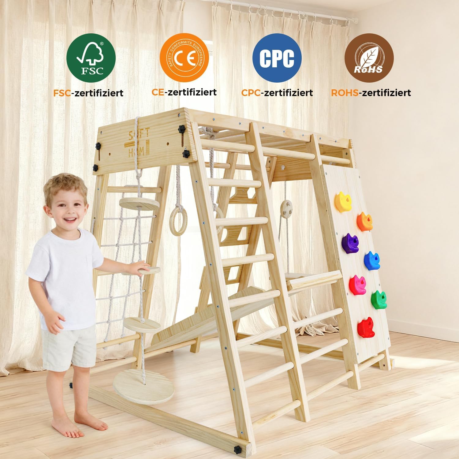 Klettergerüst Indoor, Groß&Klappbar, 12 in 1 Montessori Indoor Spielplatz für Kinder, Multifunktional Kletterausrüstung mit Rutsche/Schaukel/Kletterdreieck/Kletternetz, Kinderzimmer, Natur