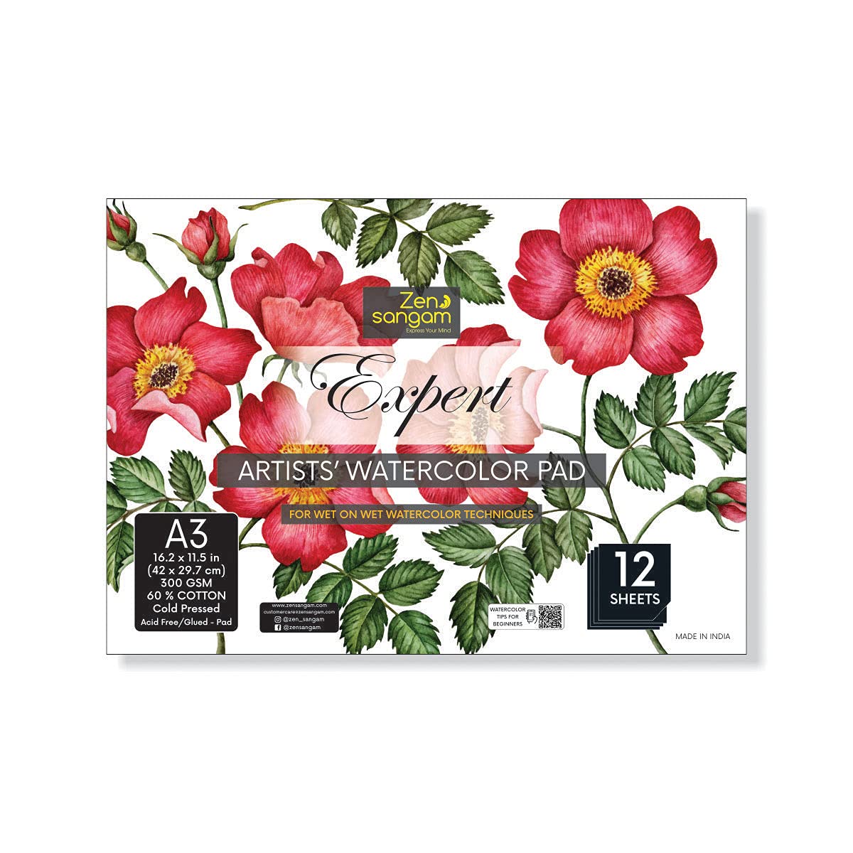 Zen Sangam Express your MindArtists’ - A3 Expert Watercolor Glued Sketch Paper Pad - 300 GSM - 60% Cotton Cold Pressed - (12 Sheets) - Rough Cloud Grain Surface - Size (29.7x42cm) - Watercolour Book