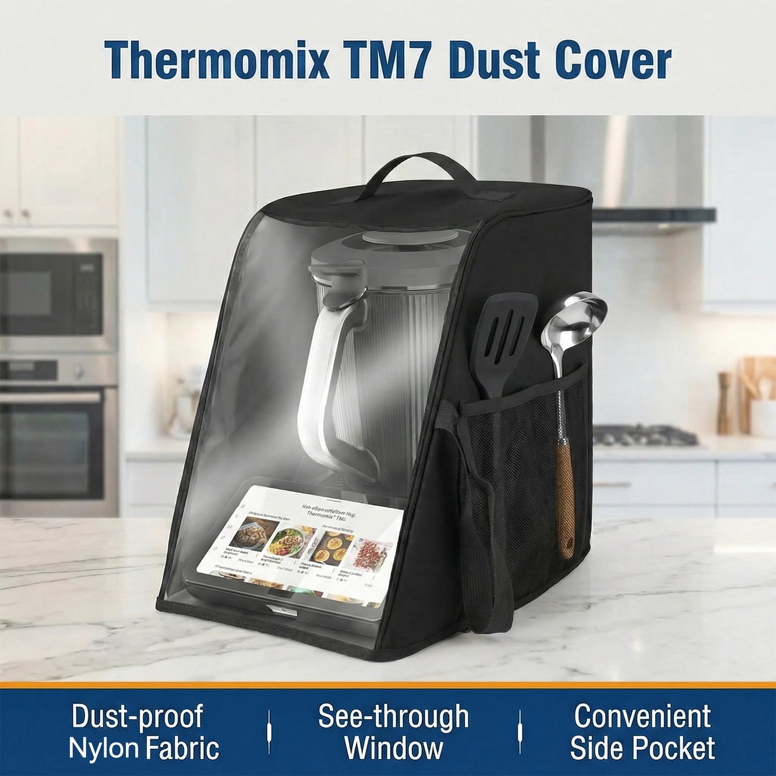 Cubierta protectora para Thermomix TM7, Funda thermomix tm7 con ventana de visualización transparente, diseño plegable, bolsillos para accesorios y asa de transporte Ideal para almacenar TM7 — view 3