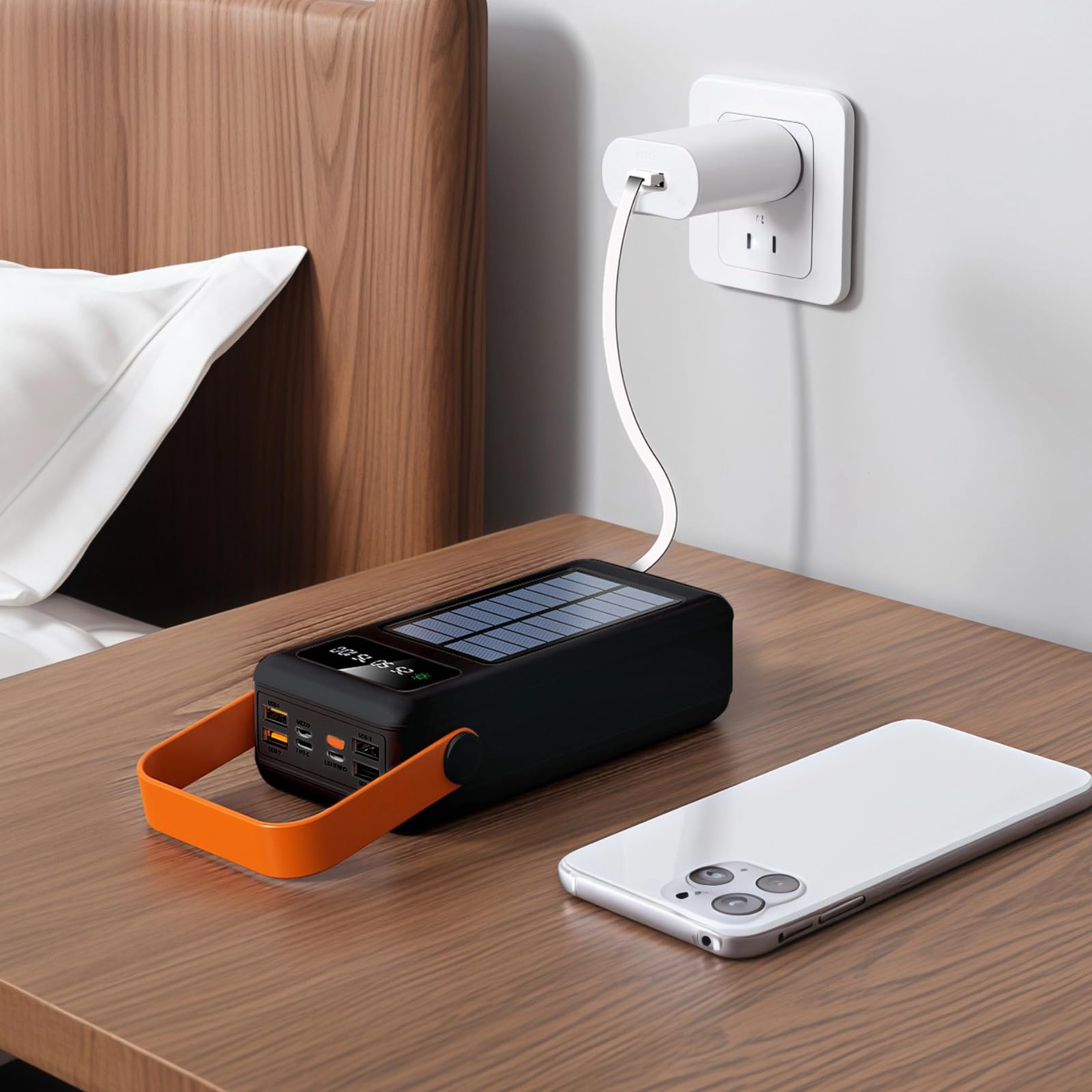 Batteria solare da 60000 mAh con luce LED, power bank portatile, ad alta capacità con cavo integrato, porte di ricarica multiple, per avventure all'aperto