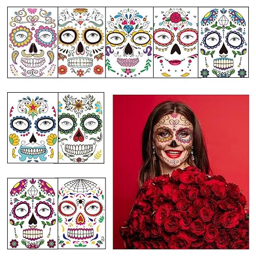 Hying 9 tatuajes temporales del Día de los Muertos, tatuajes de calavera de Halloween, tatuajes de cara de calavera de azúcar, bailarina, esqueleto,