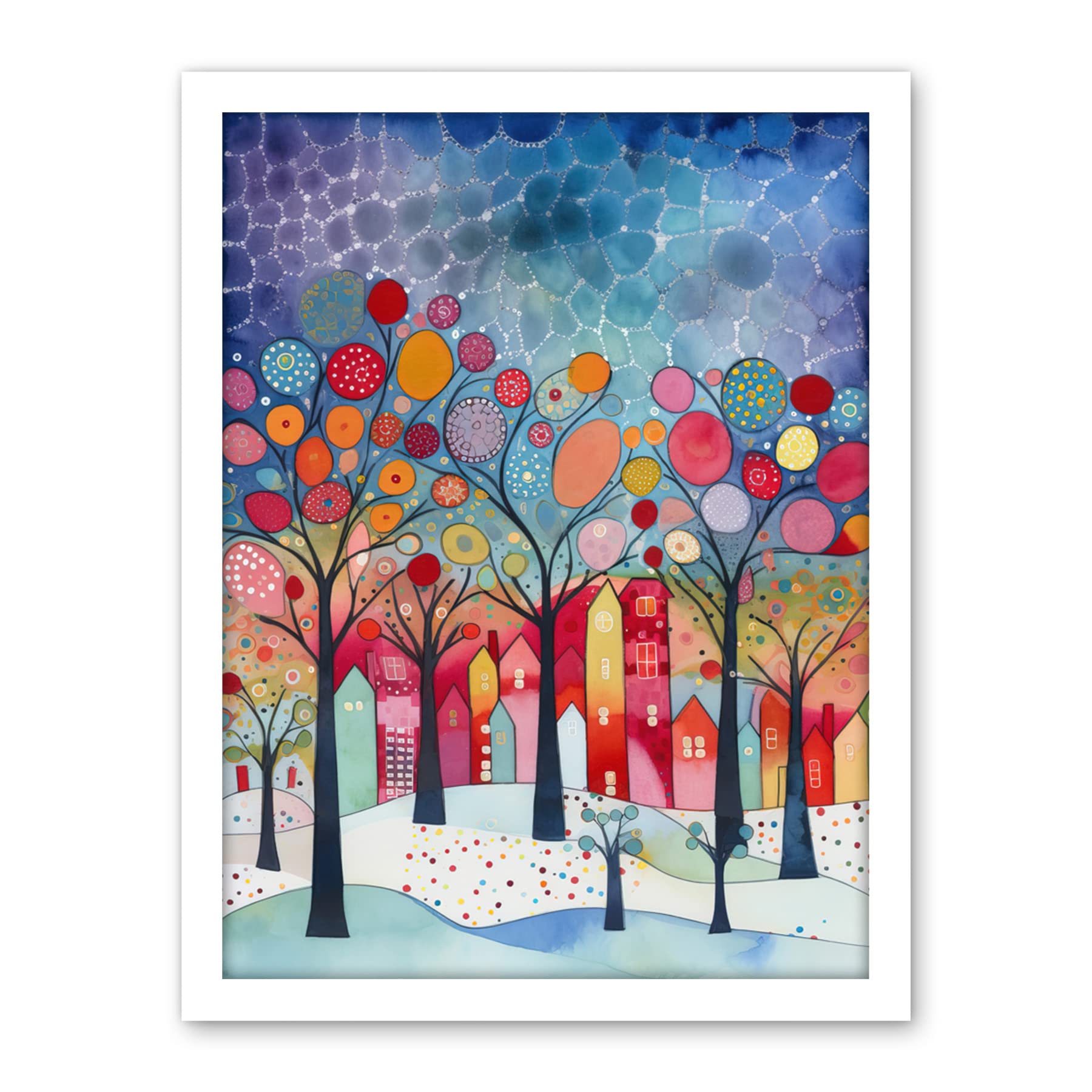 Artery8 Winter Abstract Village Folk Art Artwork Framed Wall Art Print 18X24 Inch