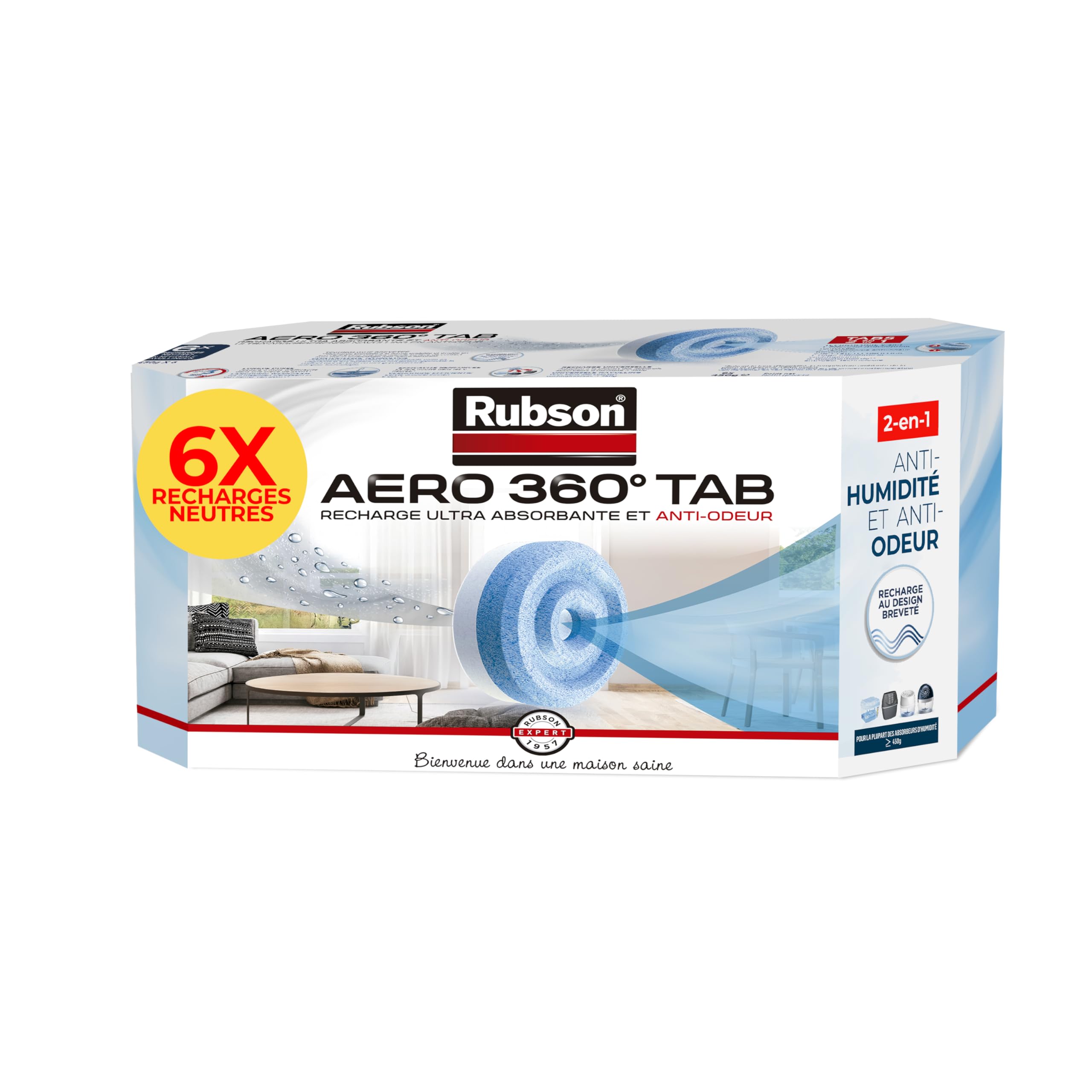 Rubson AERO 360° TAB, recharges en tabs neutres pour absorbeur d'humidité, ultra absorbantes et anti odeurs recharges pour déshumidificateurs AERO 360°, 6 x 450 g