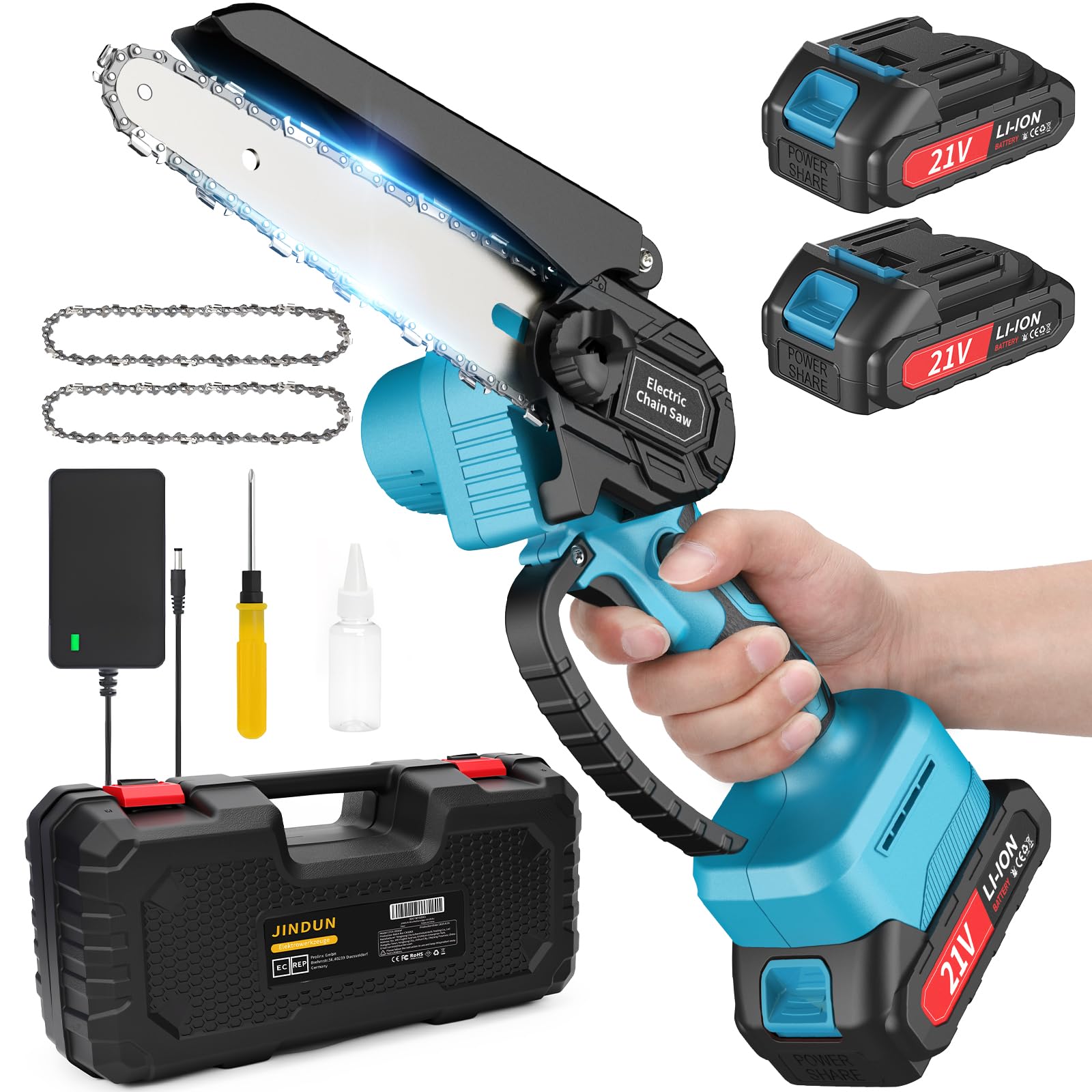 JINDUN Mini Kettensäge mit Akku, 21V 6 Zoll Mini Akku Kettensäge mit Leistungsstarke Motoren und Gehärtete Legierungsketten, 2 Akku und Schnell Ladegerät für Gartenbäumen Astschere Holzschneiden