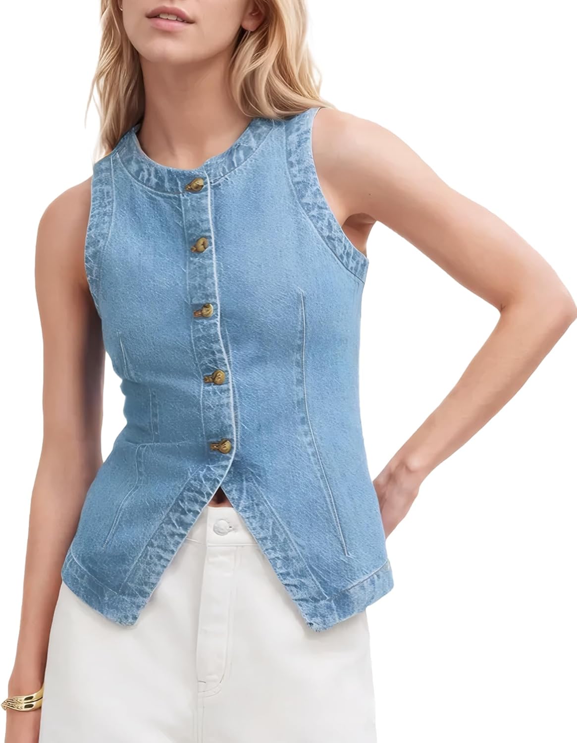 Rseoutlh Women's Denim Vest Sleeveless Button Down Casual Jean Crewneck Waistcoat Denim Top