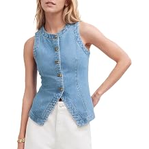 Womens Denim Vest Sleeveless Button Down Casual Jean Crewneck Waistcoat Denim Top
