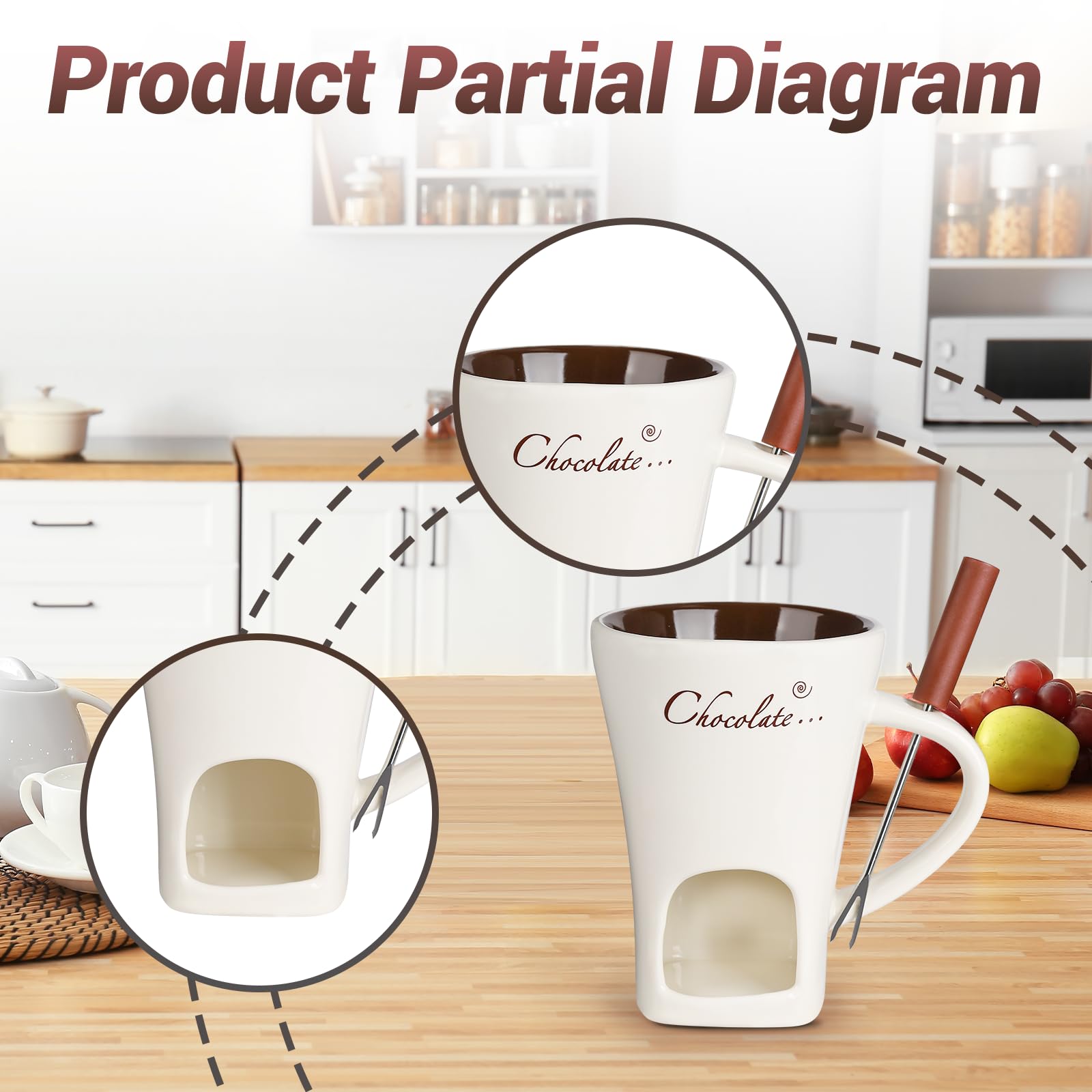 Ceramic Chocolate Fondue Mug - Melting Butter Pot with Fork, Cheese Warmer Cup, Butter Fondue Heated (White, NO CANDLE) 0808 - Image 3