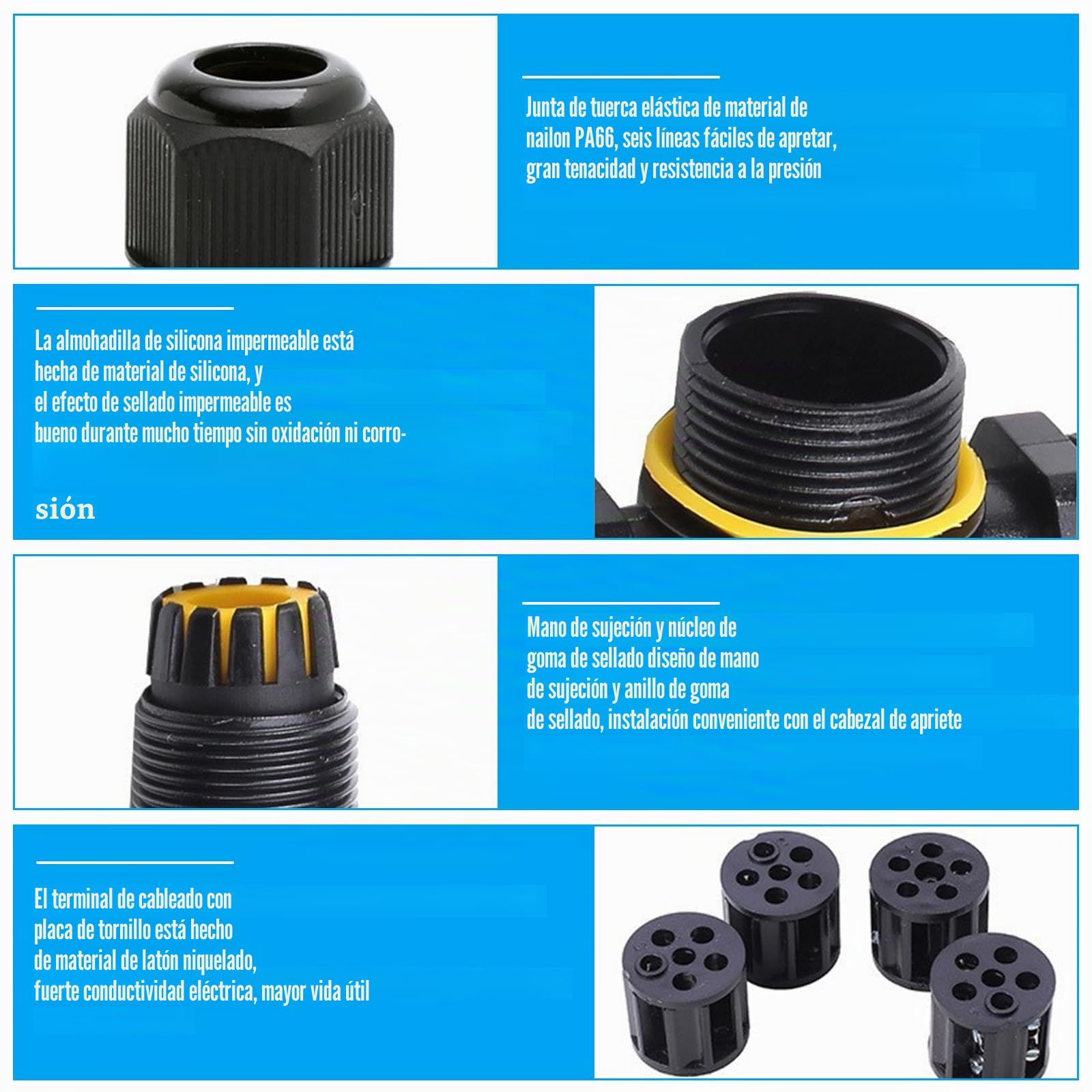 5 conectores de cable resistentes al agua: conector de cable IP68 en forma de T, manguito de 3 pines de 12 mm, caja de derivación