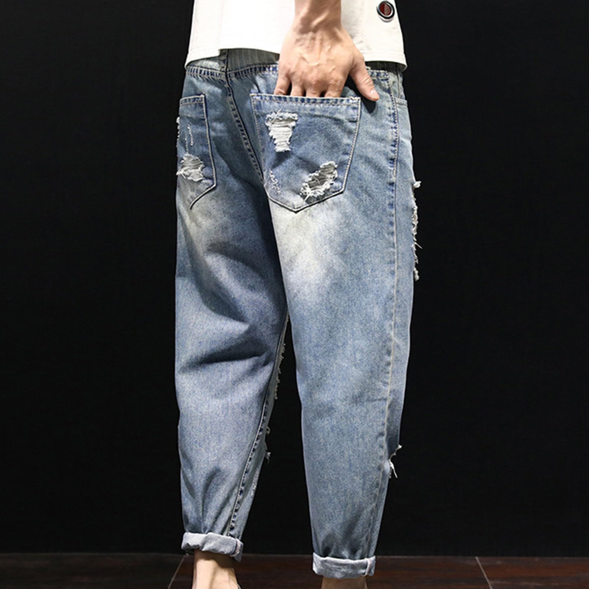 Jeans da uomo strappati slim gamba affusolata casual skinny in cotone invecchiato pantaloni alla moda per gli uomini