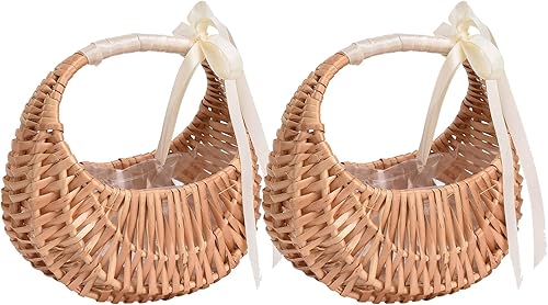 2 cestas de flores para niña con asa y lazo de cinta, cestas de flores tejidas a mano, cesta de ratán tejida, canasta de arreglo floral de sauce de