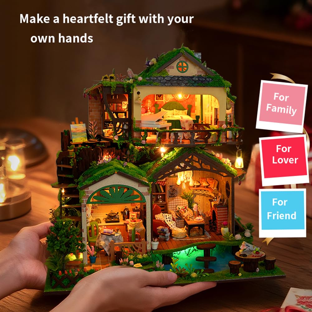 DIY-Puppenhäuser, 3D-Zimmerpuzzle & Buchstütze， DIY Puppenhaus Kit mit LED-Beleuchtung – Kreativset zur Regaldekoration (Mit Staubschutzhülle)