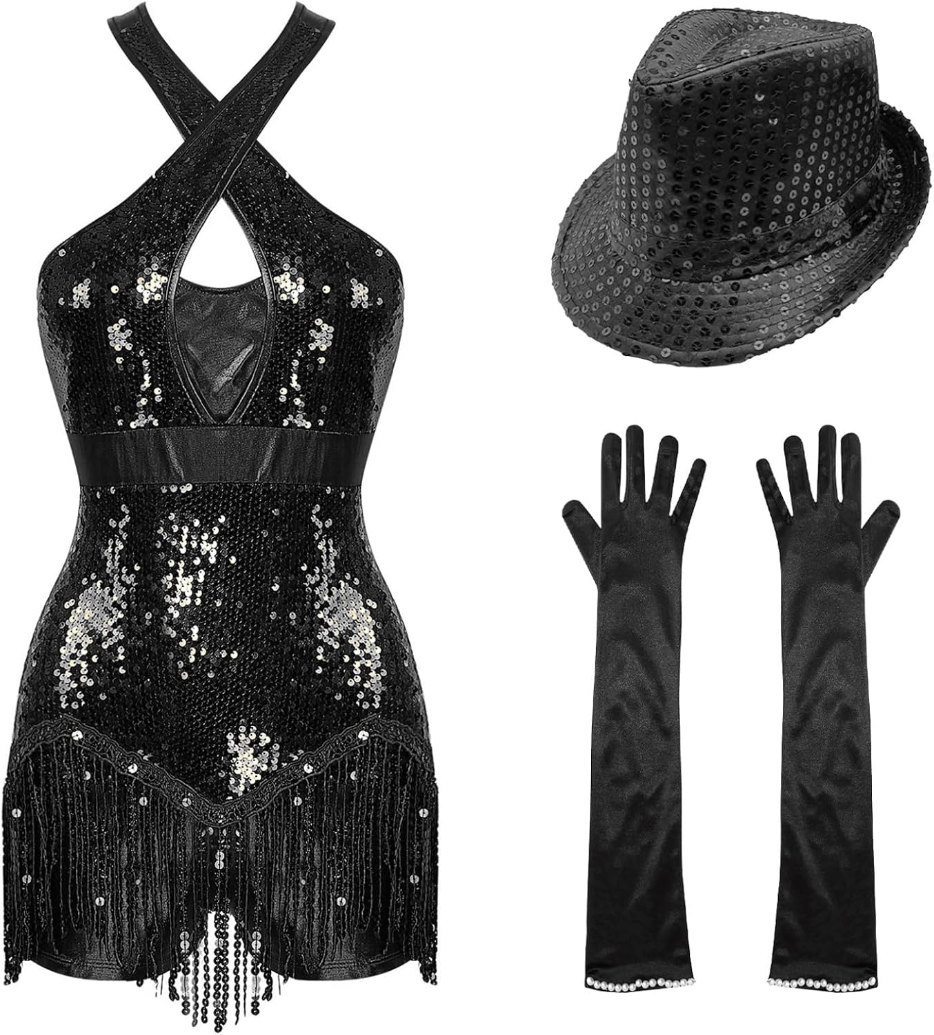 renvena Women's Modern Dance Costumes Sparkling Sequin Latin Jazz Dance Performance Costume With