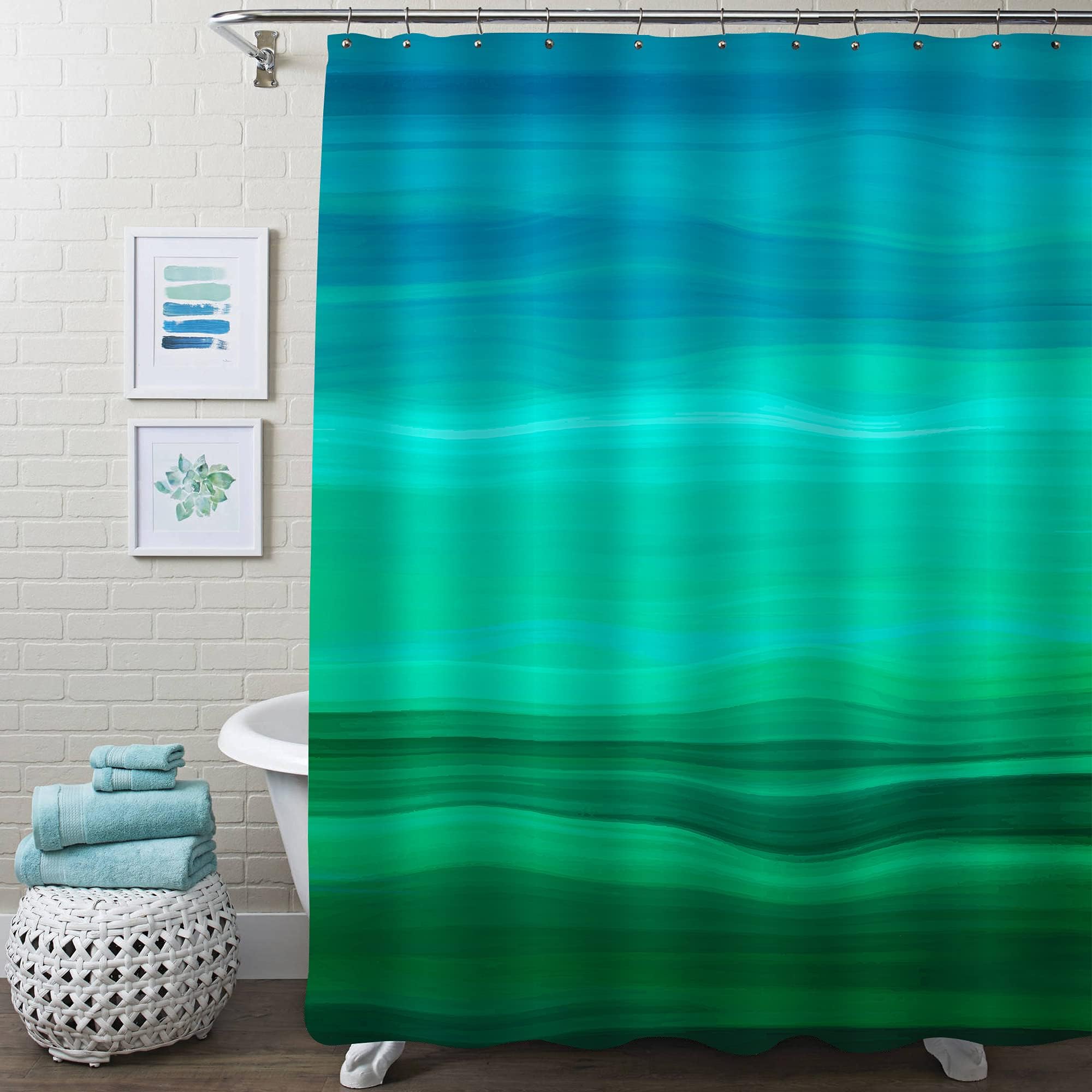 MitoVilla Green Ombre Shower Curtain Set, Sage Green Shower Curtain, Abstract Dark Green Shower Curtain for Bathroom Decor, Modern Waves Fabric Shower Curtain, Mint Green, 72 x 72