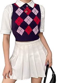 Sponsored Ad - Hyipels Argyle Sweater Vest Women Y2K Plaid Knitted Streetwear Preppy Style V Neck Crop Knitwear Tank Top f...