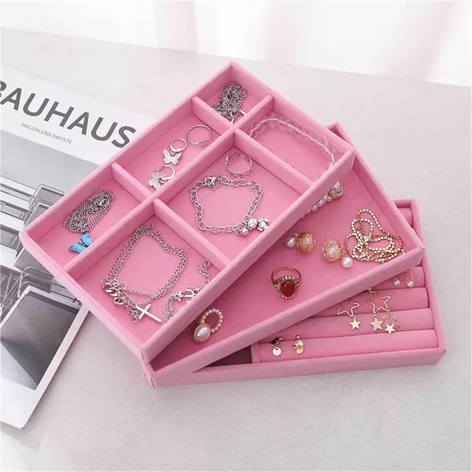 Organizador de joyas terciopelo, bandeja almacenamiento, exhibidor anillos, pulseras y collares, caja exhibición, bandejas for cajones Para Collares, Pendientes y Anillos