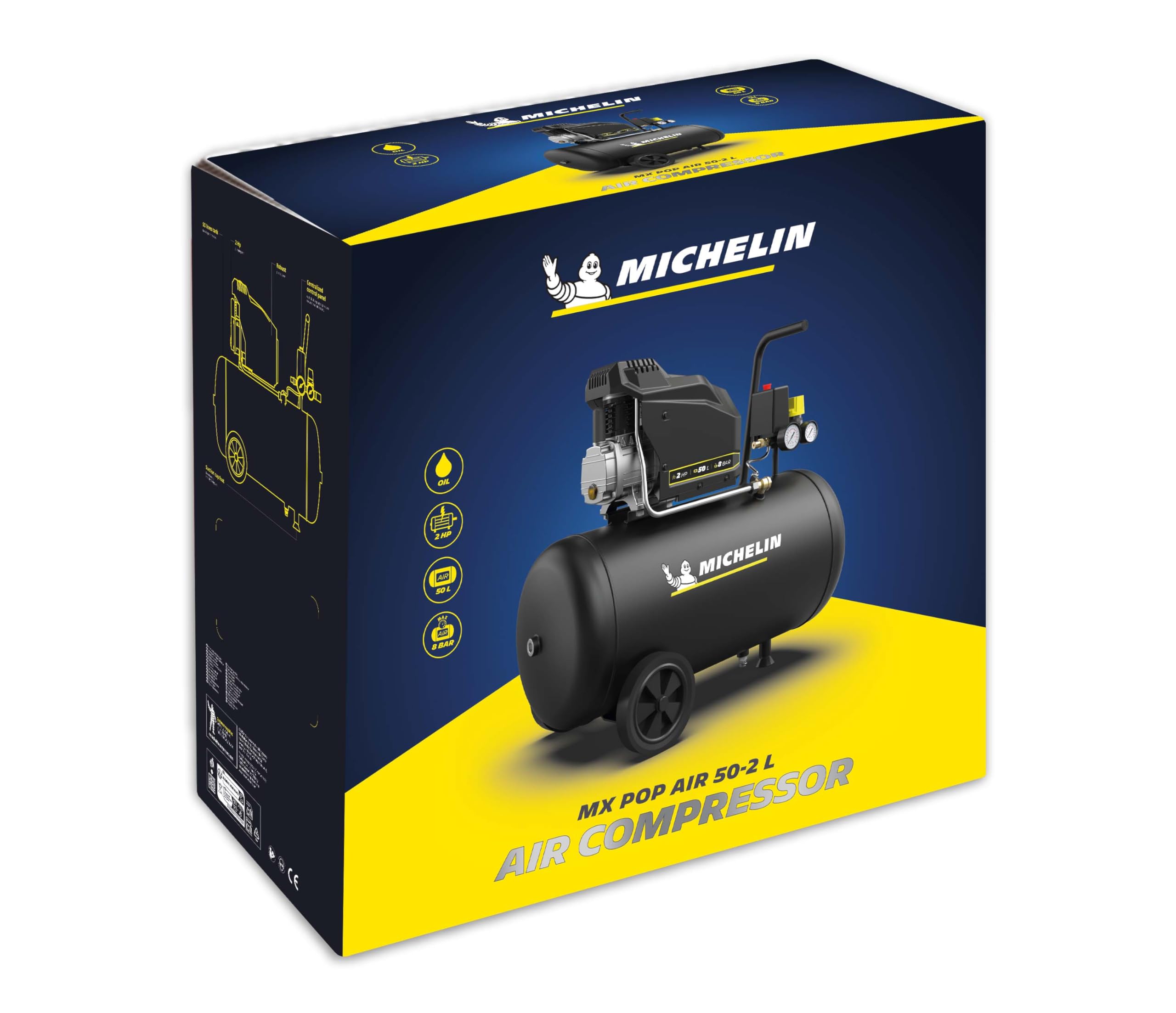 MICHELIN, Kompresor powietrza MX POP AIR 50-2 l, zbiornik 50 litrów z kołami, silnik 2 KM, maksymalne ciśnienie 8 bar, przepływ powietrza 195 l/min