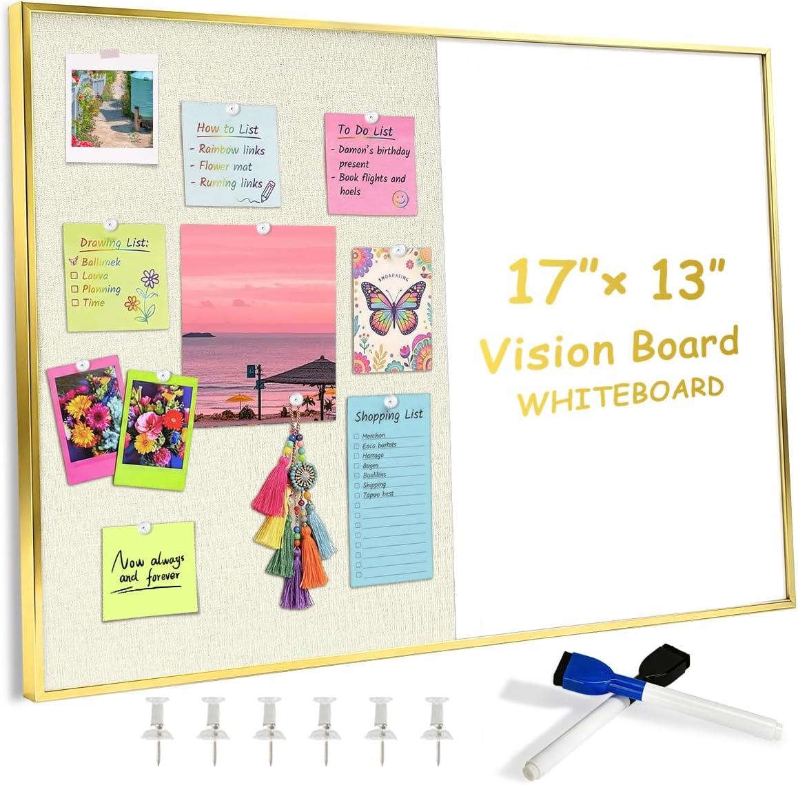 Okydoky Magnetic Dry Erase Board & Bulletin Board with Linen Combo, 17" x 13" Magnetic White Board & Pin Board Combo, Golden Aluminum Framed Fabric/Linen Cork Board
