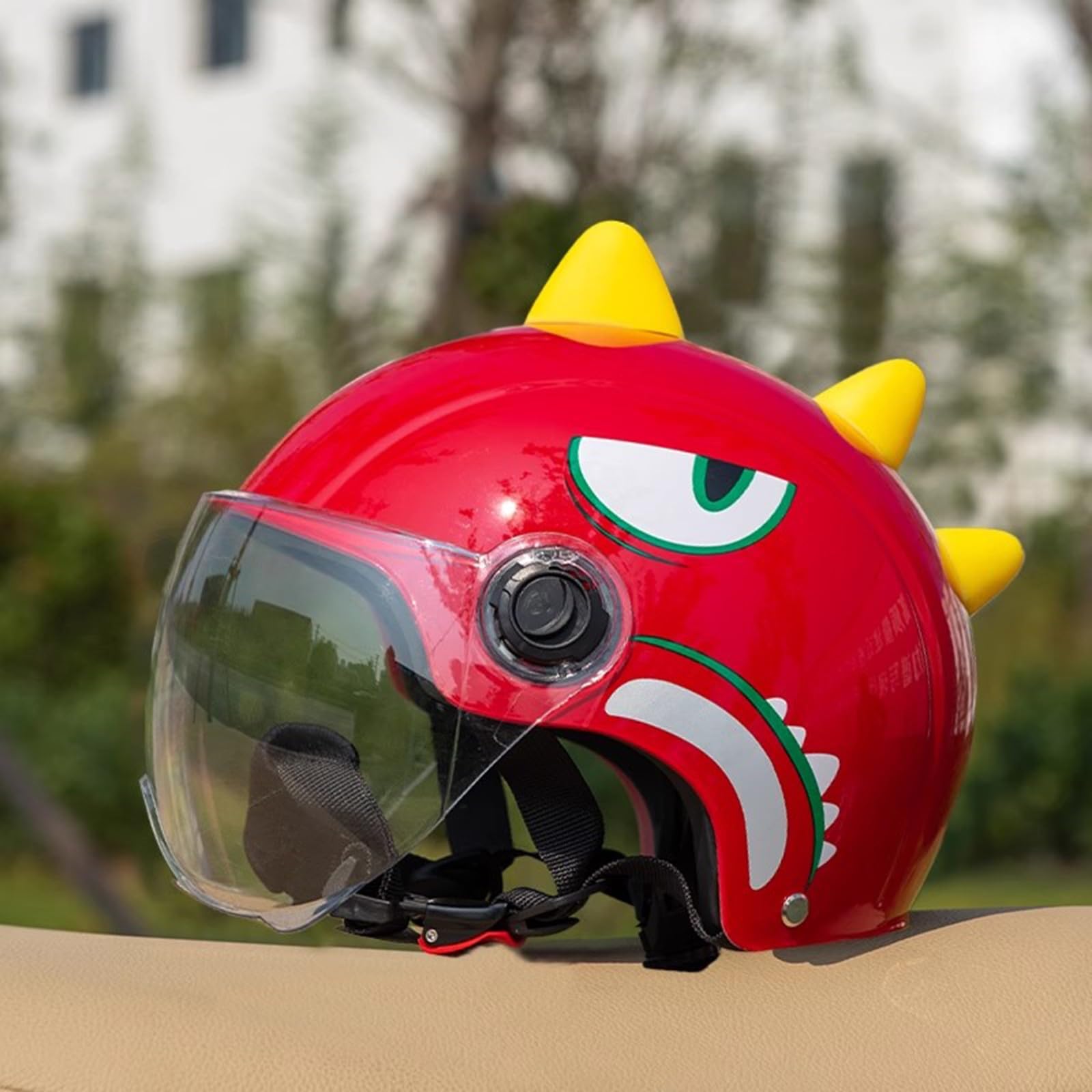 Casque de Moto Mignon pour Enfants avec visière pour garçons et Filles, Demi-Casque Ouvert, Casque de Rue rétro de Dessin animé 3/4, Casque de Scooter, de vélomoteur, de VTT L,49-54CM