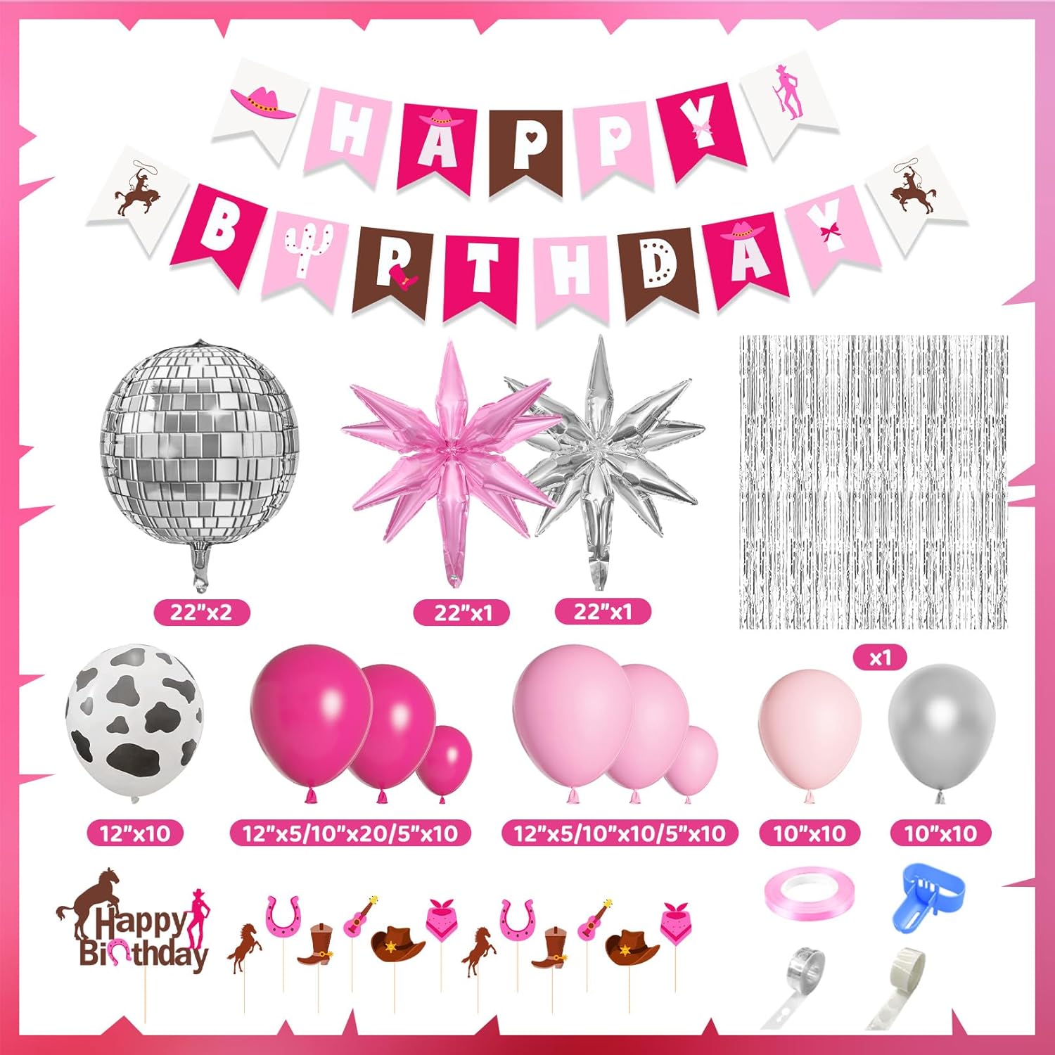Amandir 108Pcs Western Cowgirl Birthday Party Decorations with Cow Print Cowgirl Balloons Backdrop Birthday Banners Cake Toppers for Retro Horse Rodeo Bachelorette Girls Hot Pink Silver Party