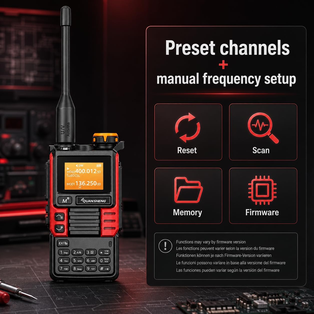 QUANSHENG UVK5(99) radio with options for Reset, Scan, Memory, and Firmware