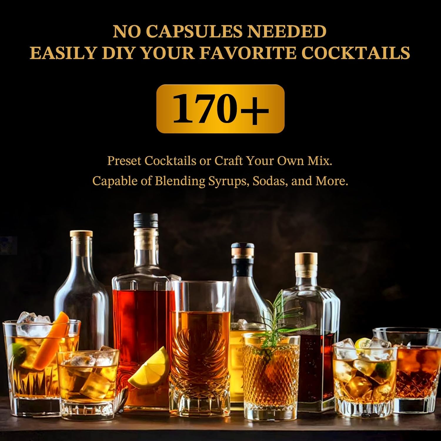 Automatic Cocktail Maker – No Capsules Needed, 170+ Built-in Recipes, Voice & Touch Control, Portable with Battery, Perfect Home Bar Gift for Men, Women, Dad (Black)