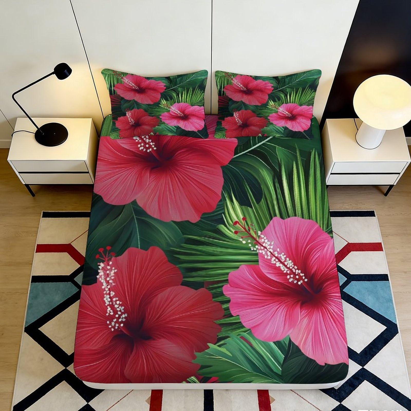 3D Printed Red Hibiscus Floral Fitted Sheet Microfiber Durable Soft Green Tropical Leaves Bed Cover for Bedroom Dormitory Guest Room Mattress Protection 140x200x25cm