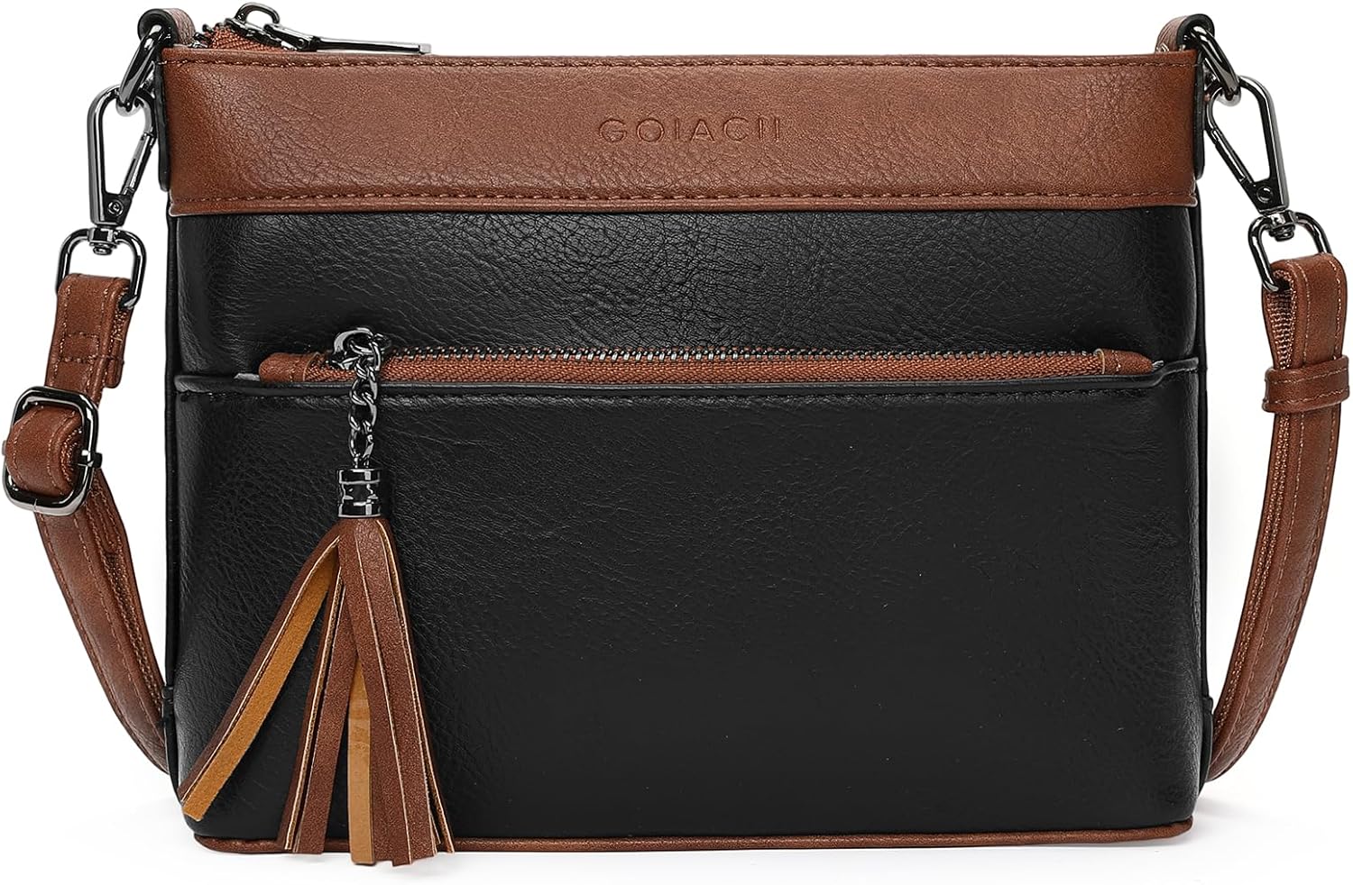 GOIACII Crossbody Bags for Women Small Phone Purse Shoulder Handbags Vegan Leather with Tassel Zipper Pocket Black and Brown