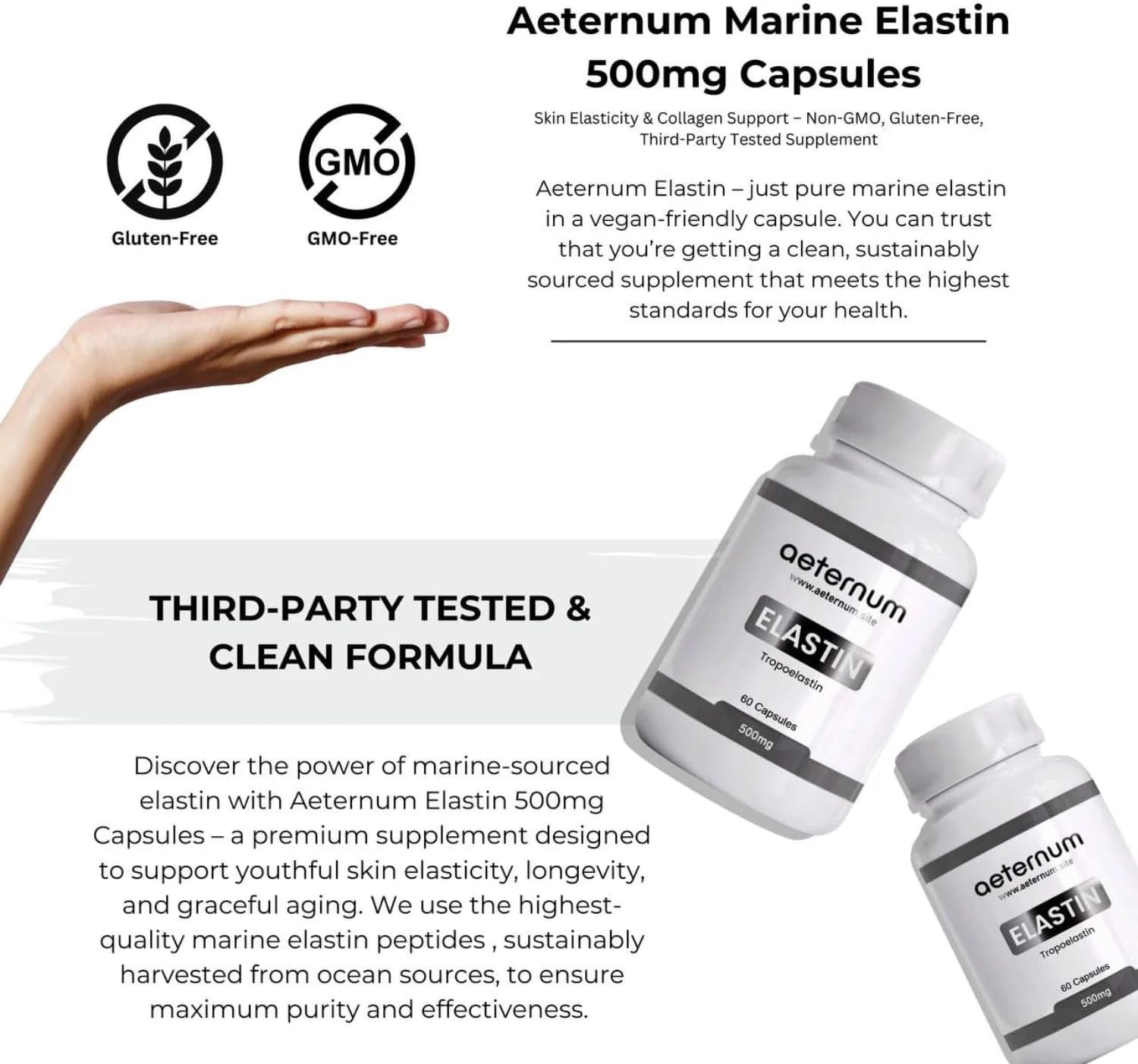 aeternum Elastin Supplement 500mg, 180 Capsules – Marine Elastin Peptides Capsules, Skin Support Formula, Third-Party Tested - Image 4
