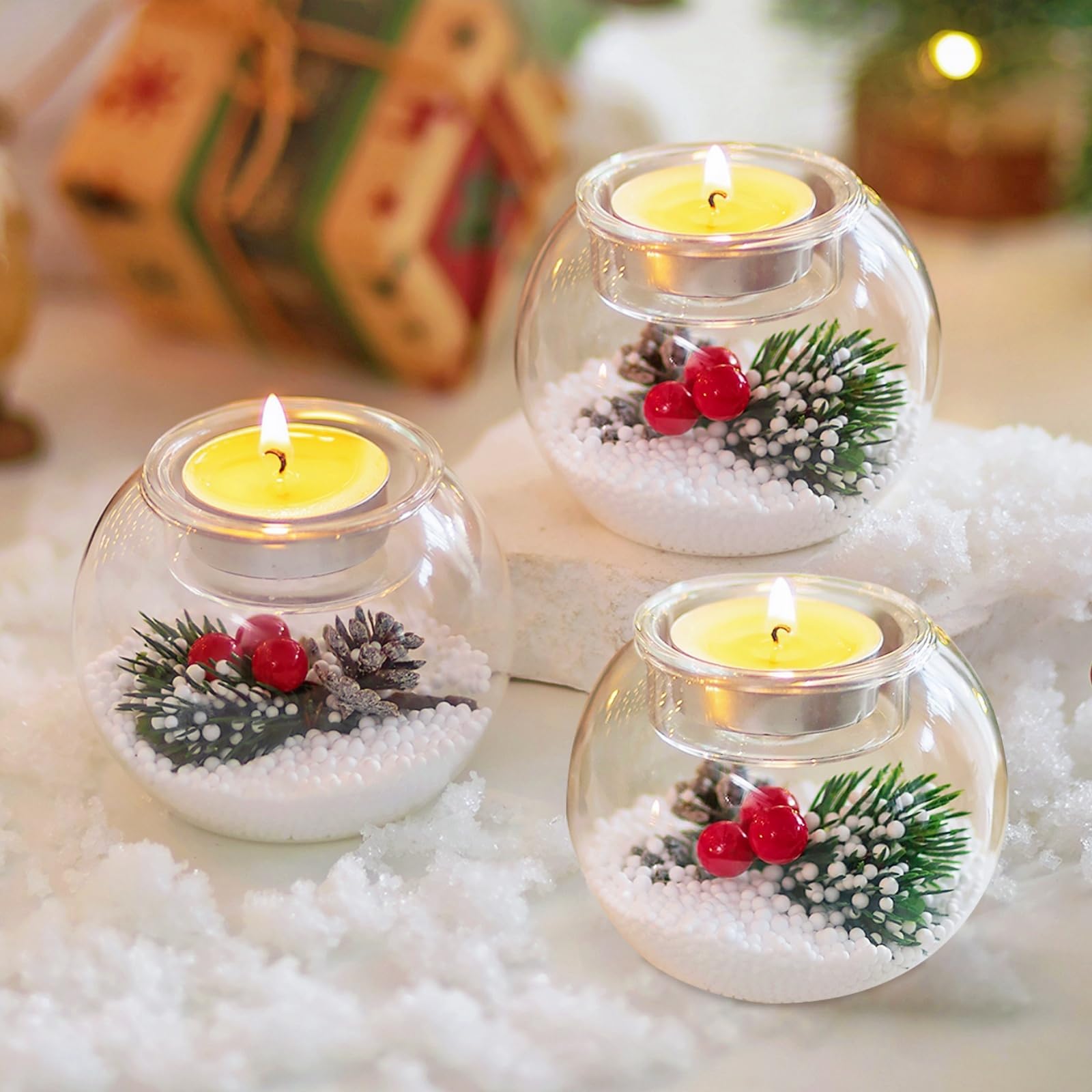 Glasseam Christmas Candle Holder Glass: Set of 3 Tea Light Candle Holders Decorative Christmas Tea Light Holders with Red Berry and Snow Pinecone Votive Candle Holder for Table Centrepieces Party Gift