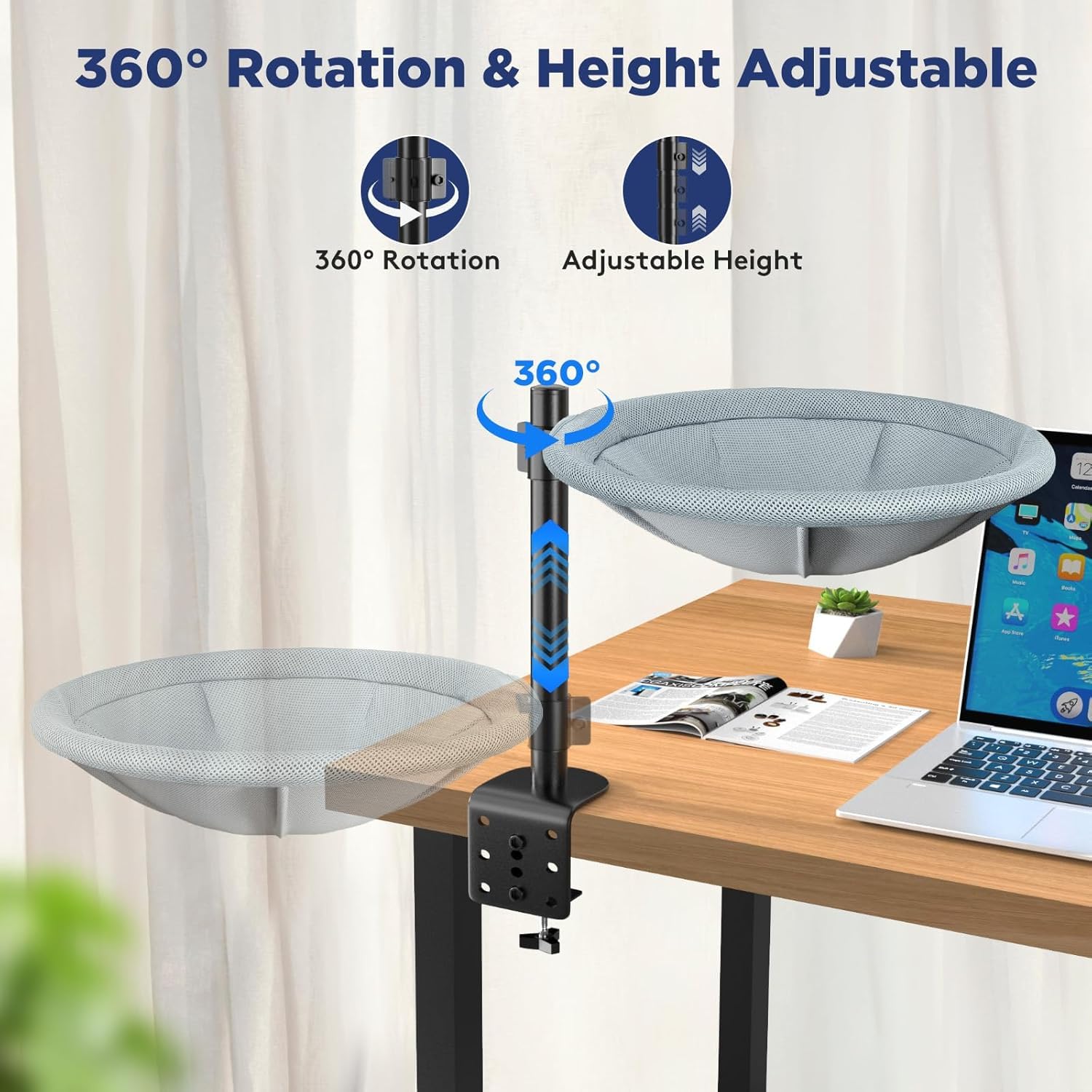 سرير للقطط - سرير مكتب للقطط قابل للدوران 360 درجة وارتفاع قابل للتعديل، سرير قطط متين للمكتب مع غطاء قابل للازالة والغسل يدعم حتى 60 باوند، مثالي للقطط الداخلية