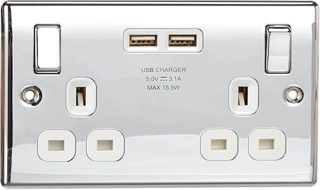 BG Electrical npc22u3w Double Switched Fast Charging Power Socket with Two USB Charging Ports, 13 A, Polished Chrome, 16.3 cm*18.0 cm*3.1 cm