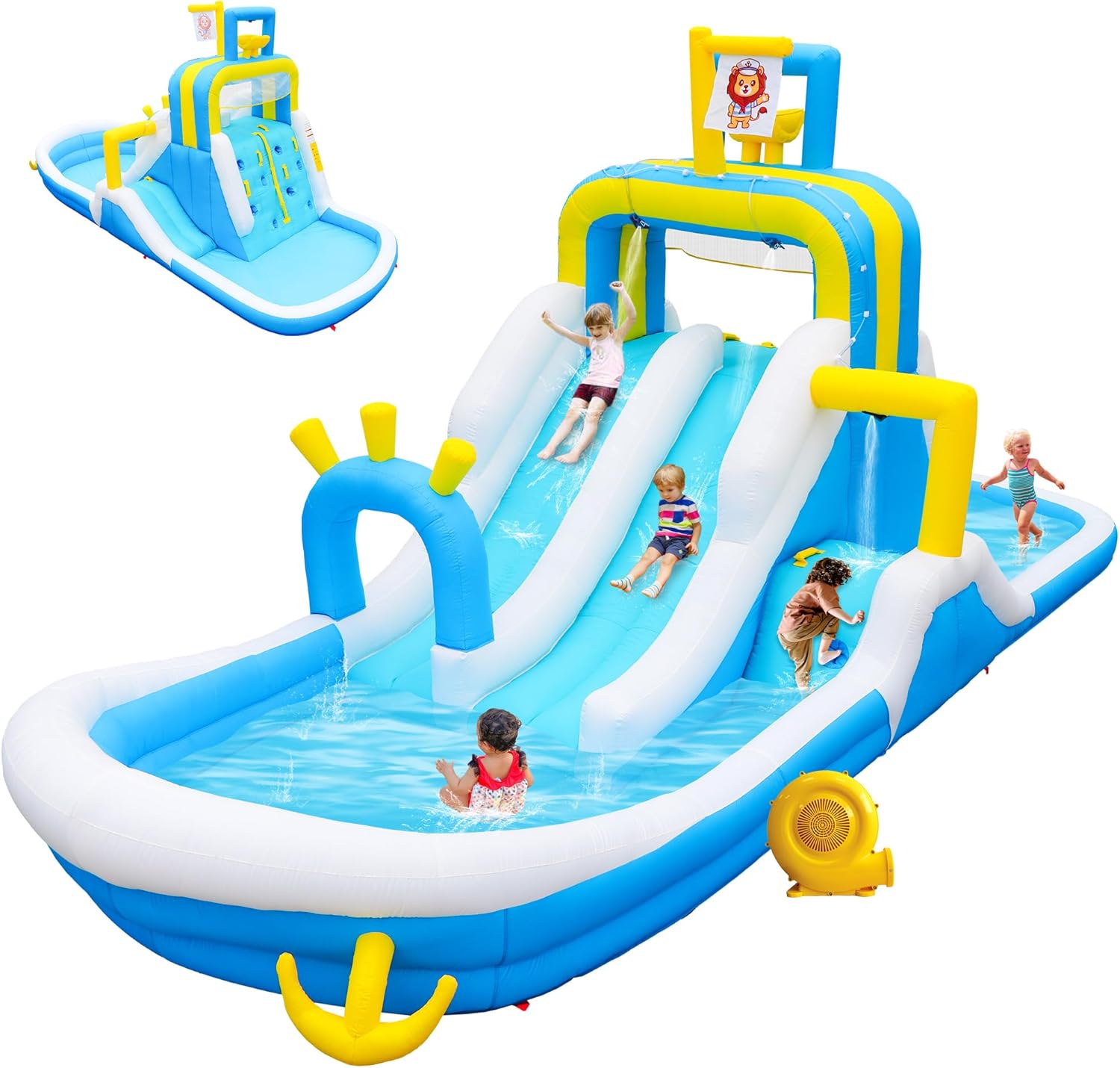 Inflatable Water Slide, Large Water Park for Kids 3-12, 248 x 96 x 110 inches, Bounce House with Blower, 2 Splashing Pools, Water Bucket, Climbing Wall, Ringtoss for Outdoor
