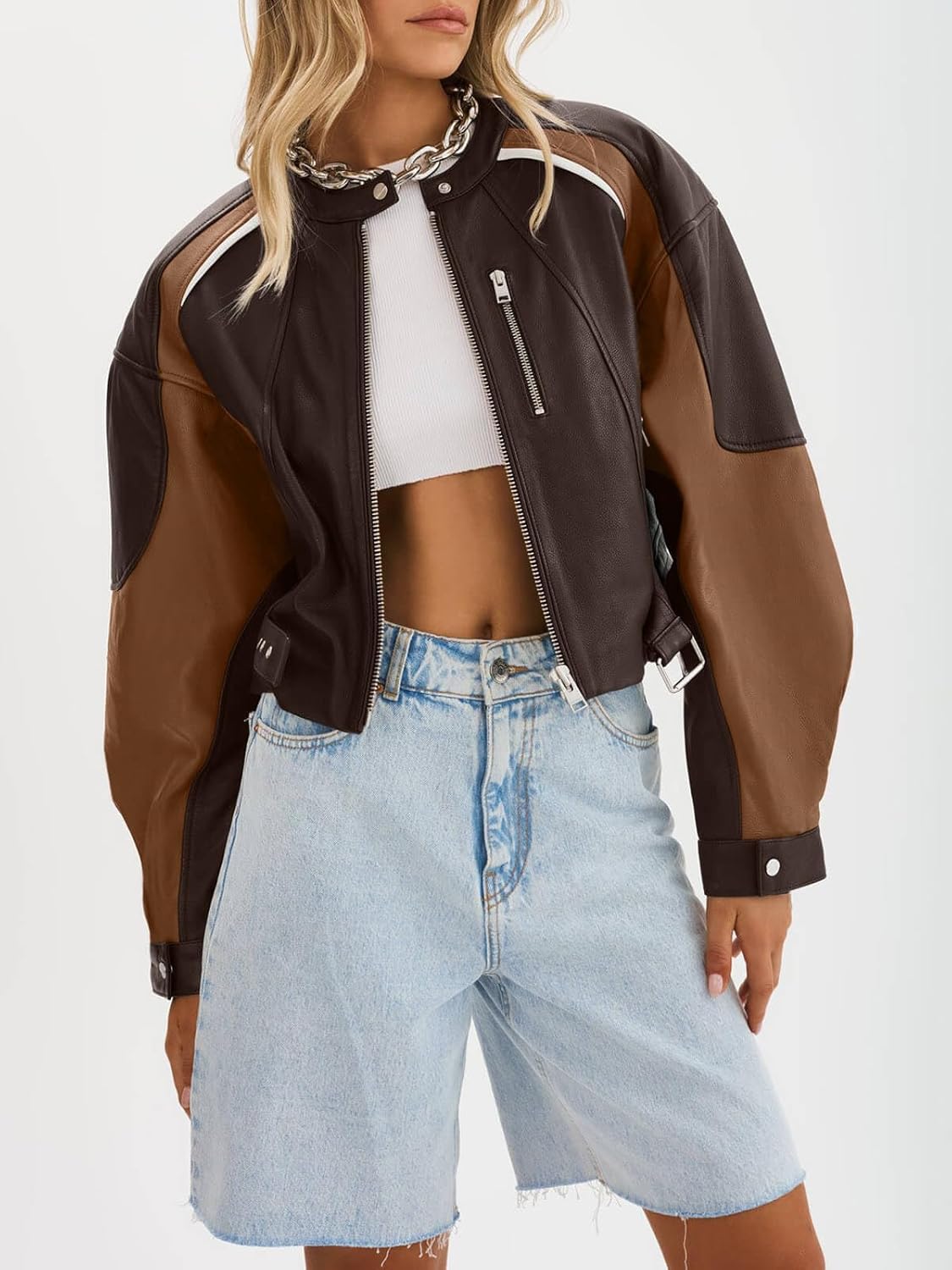 Tankaneo Womens Faux Leather Bomber Jackets Cropped Zip Up Color Block Fall Casual Moto Biker Coats - Image 2