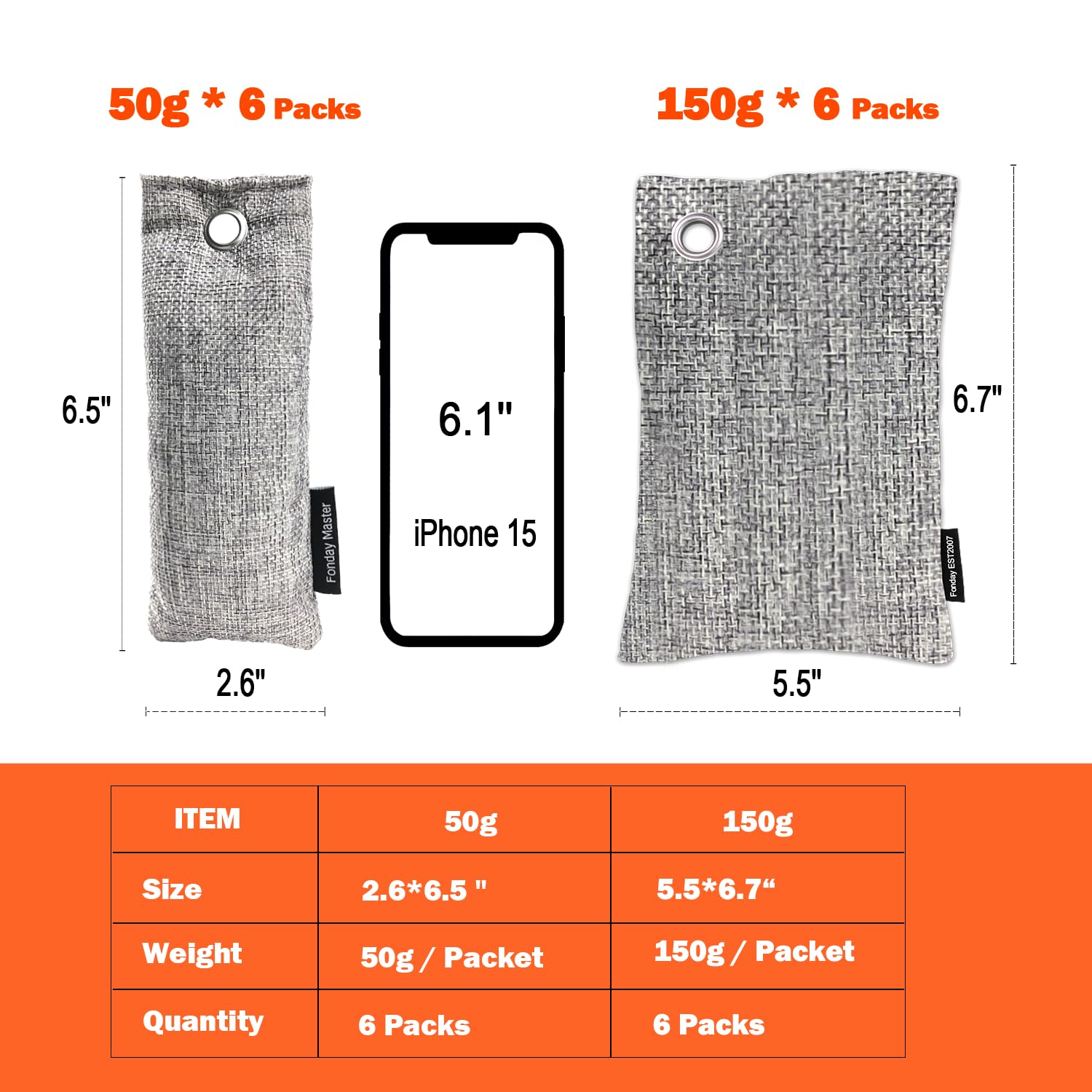 Paquete de 12 bolsas desodorizantes de carbón de bambú (50 g x 6 + 150 g x 6), eliminador de olores y purificador de aire para bolsa de gimnasio, zapatos, coche, armario de mascotas